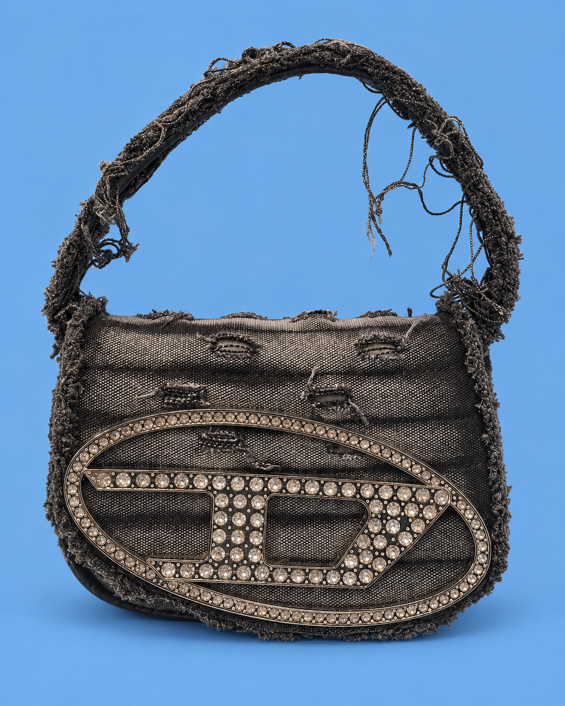 DIESEL 1DR Distressed Denim Rhinestone Bag