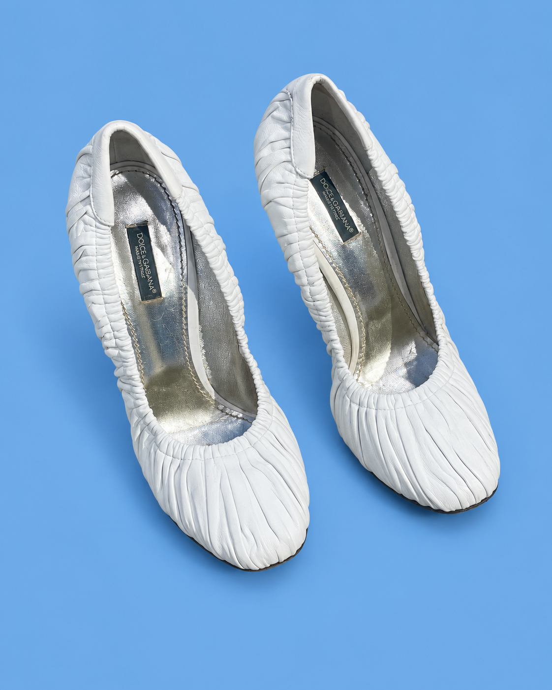 DOLCE & GABBANA White Ruched Leather Pumps