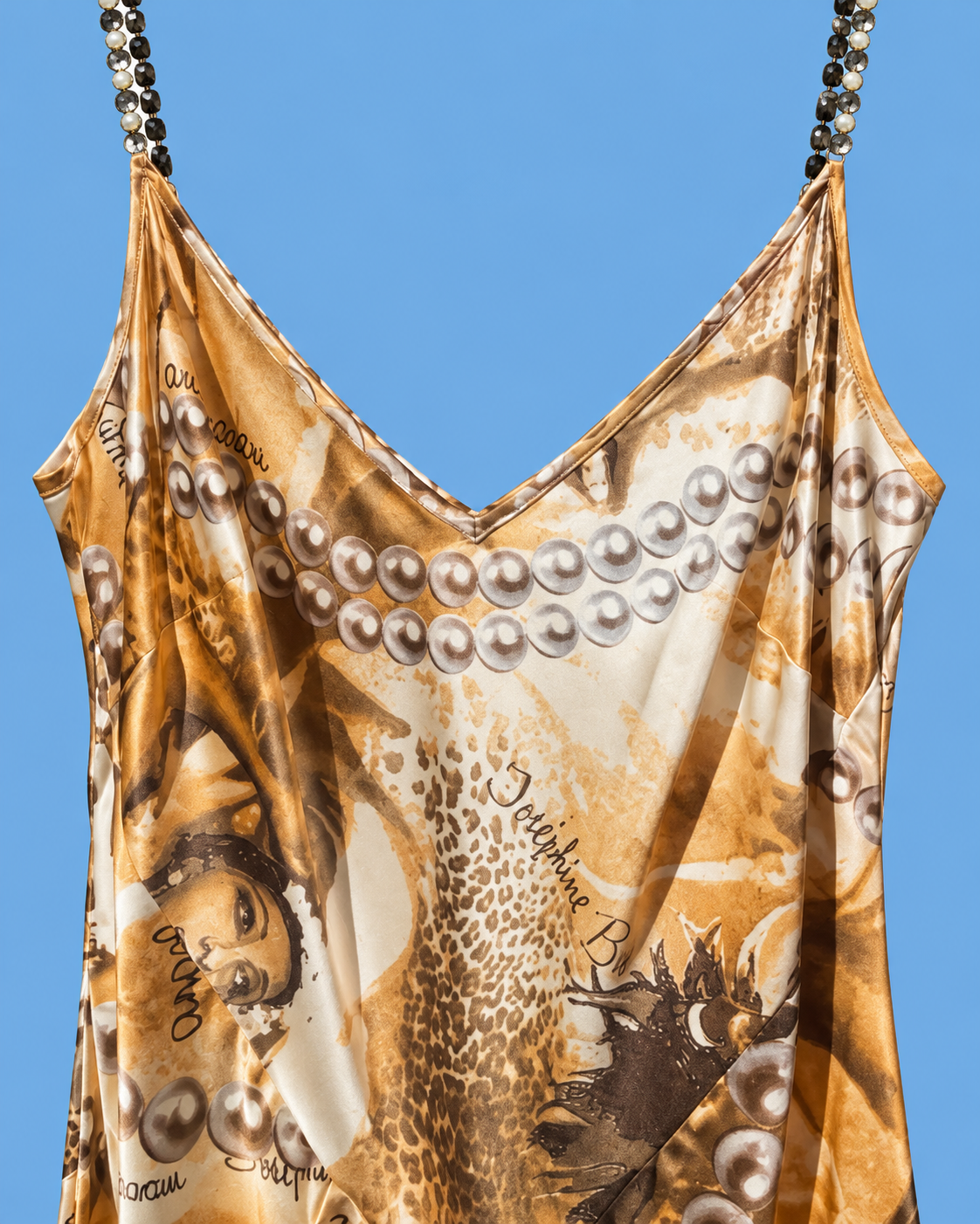 ANGELO MARANI Golden Satin Pearl Print Maxi Dress
