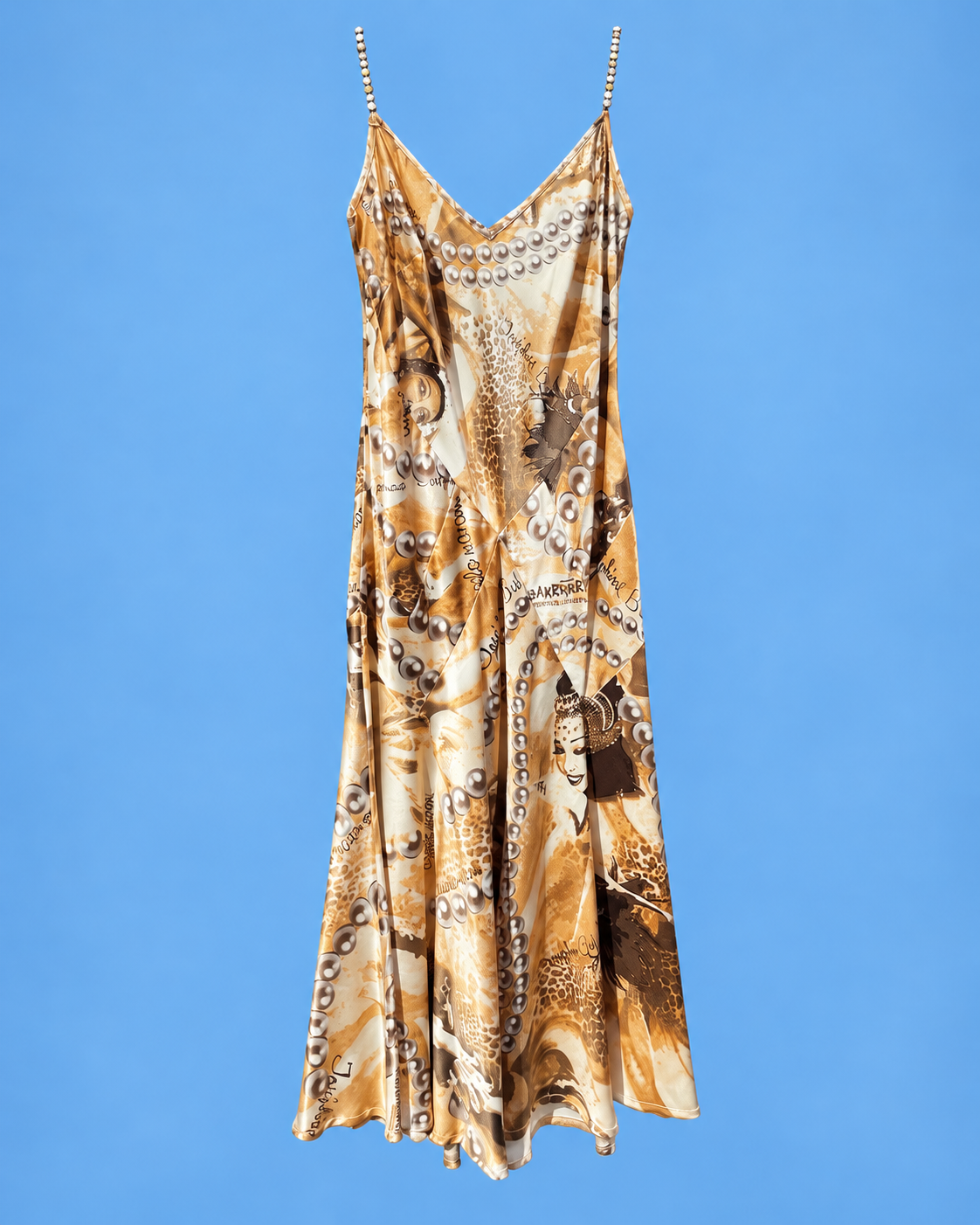 ANGELO MARANI Golden Satin Pearl Print Maxi Dress