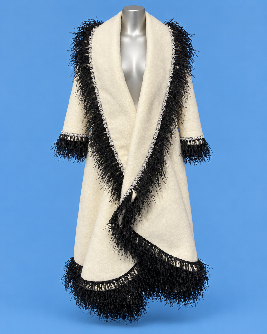 Ivory Feather-Trimmed Statement Wrap Coat