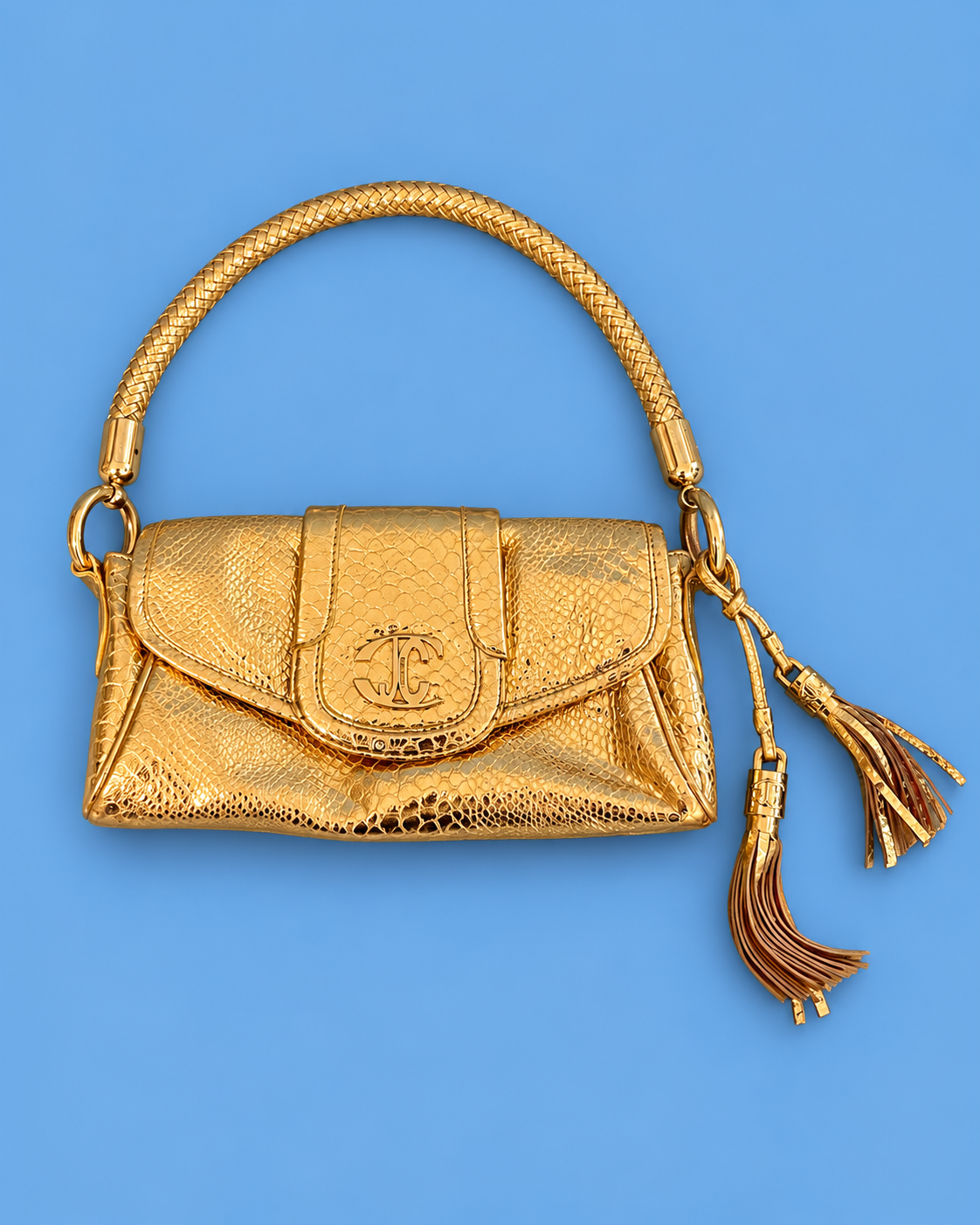 Just Cavalli Gold Snake-Effect Tassel Shoulder Bag