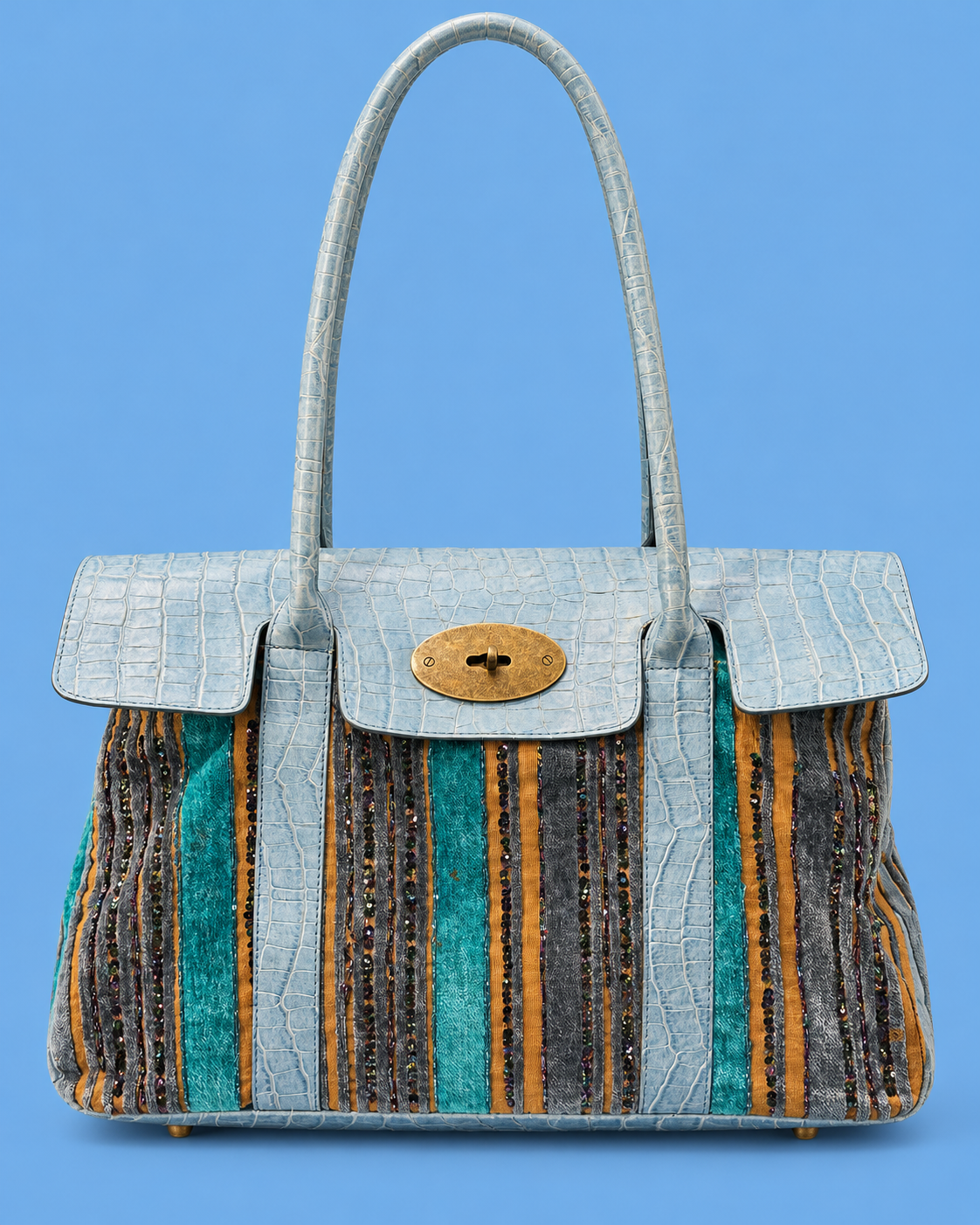 Paola C Blue Croc-Effect & Striped Sequin Handbag