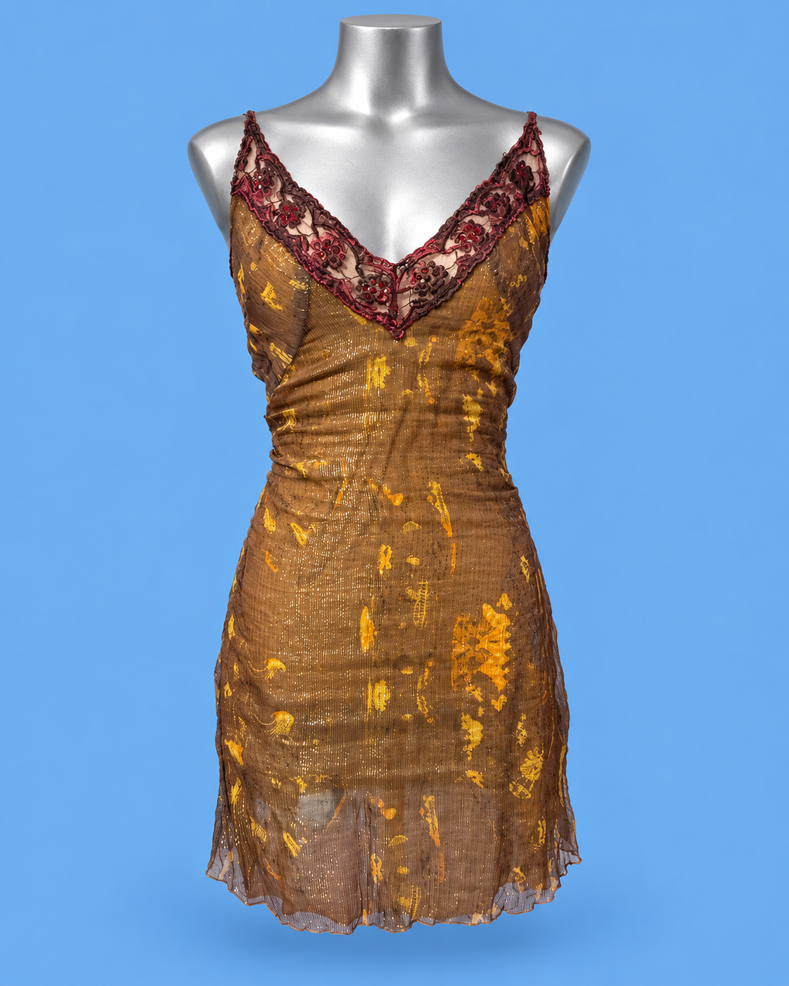 Vintage Golden Brown Lace-Trim Mini Dress
