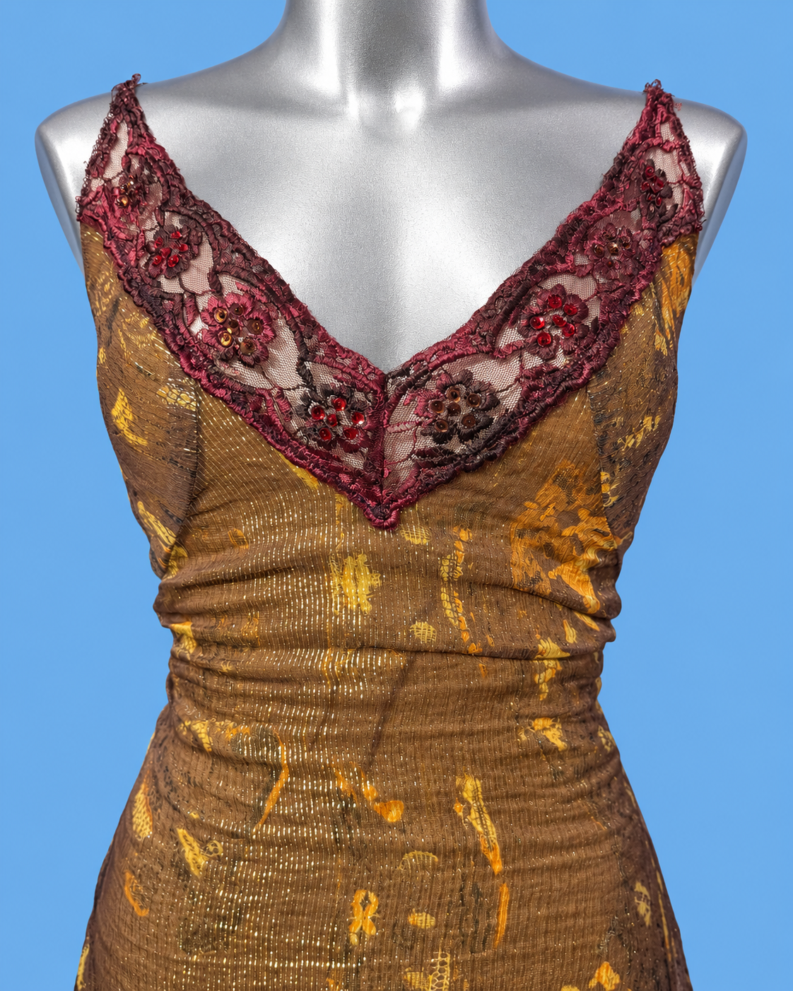 Vintage Golden Brown Lace-Trim Mini Dress