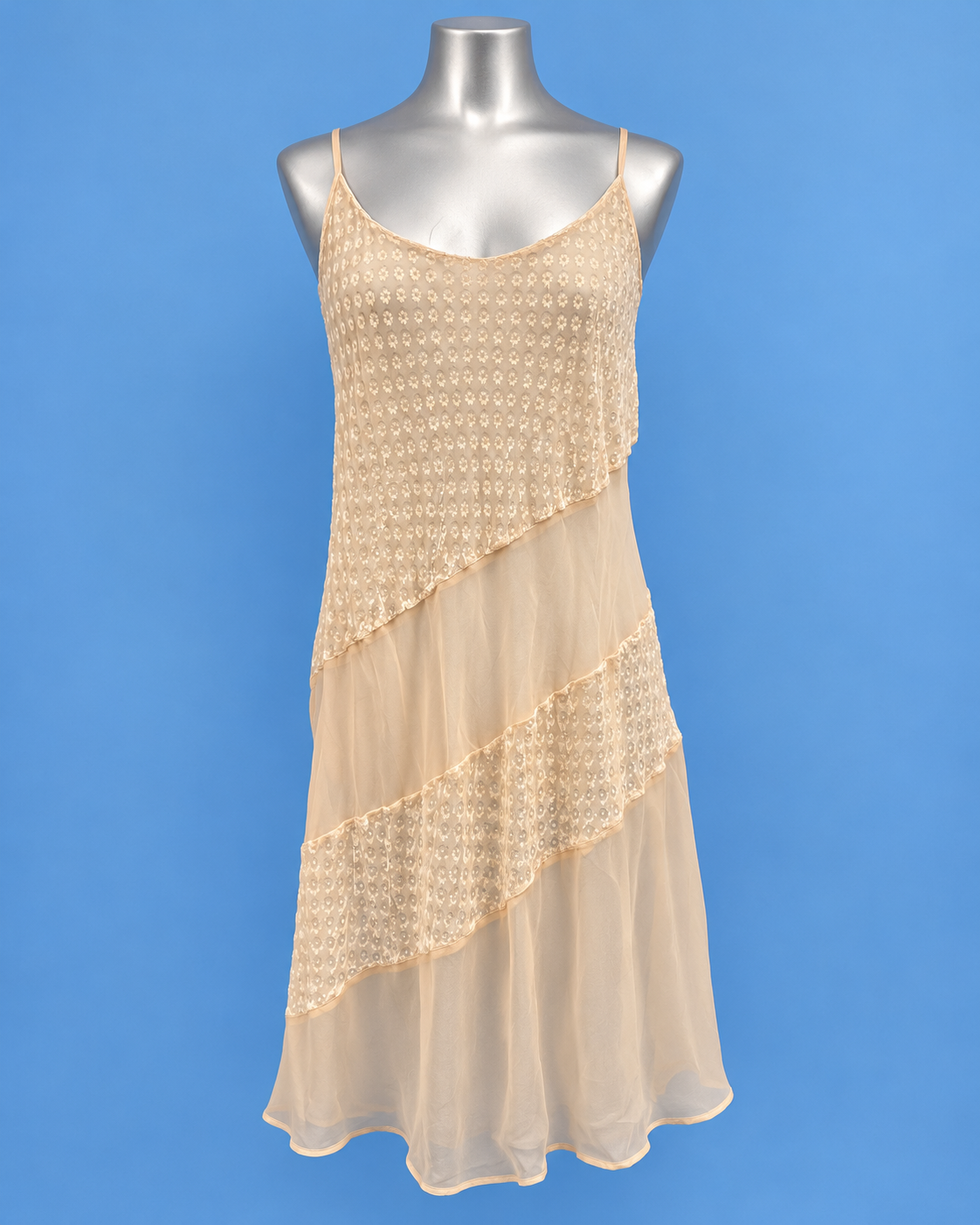 VERDE VERONICA Champagne Embroidered Sheer Midi Dress