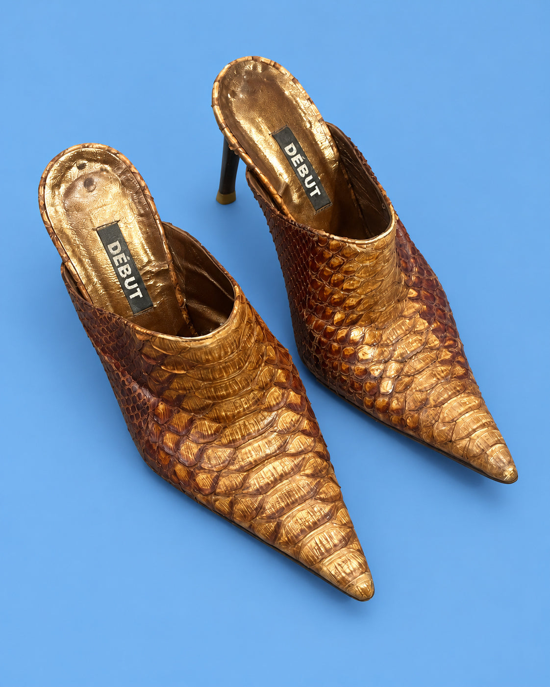 DEBUT Bronze Snakeskin Pointed-Toe Mules