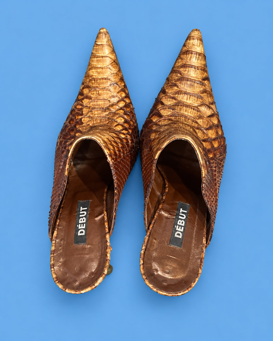 DEBUT Bronze Snakeskin Pointed-Toe Mules