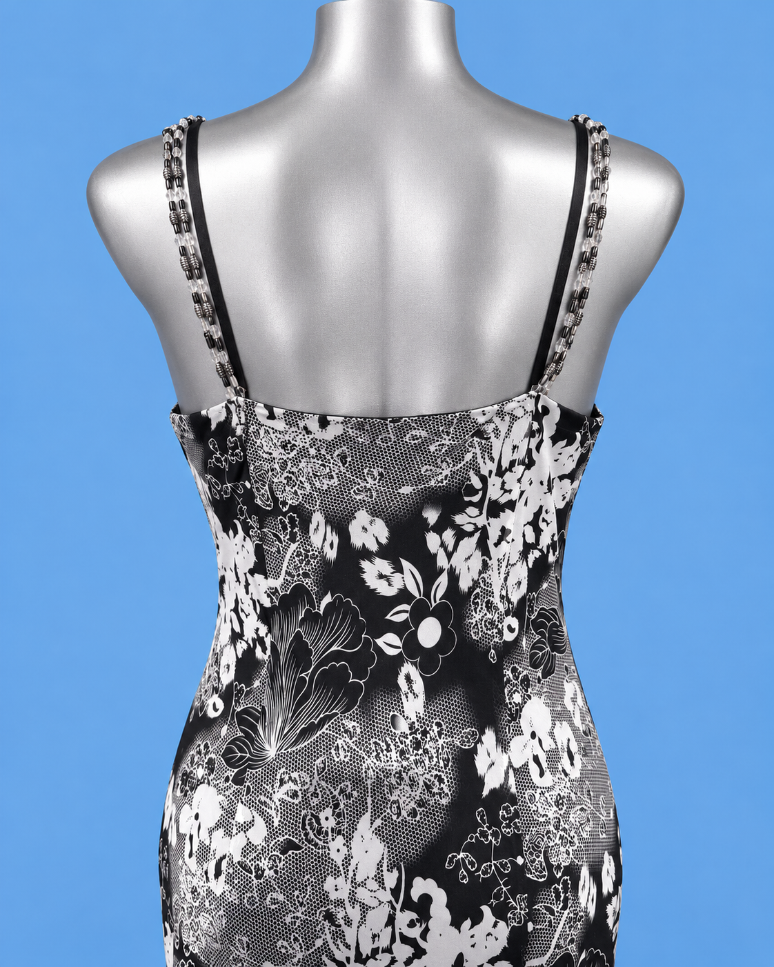 Black & White Floral Maxi Dress with Beaded Straps