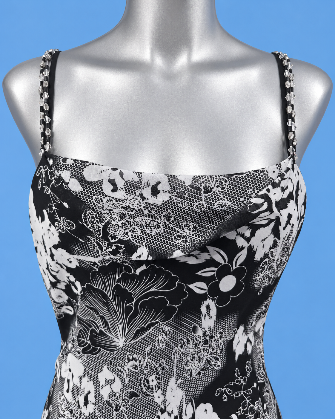 Black & White Floral Maxi Dress with Beaded Straps