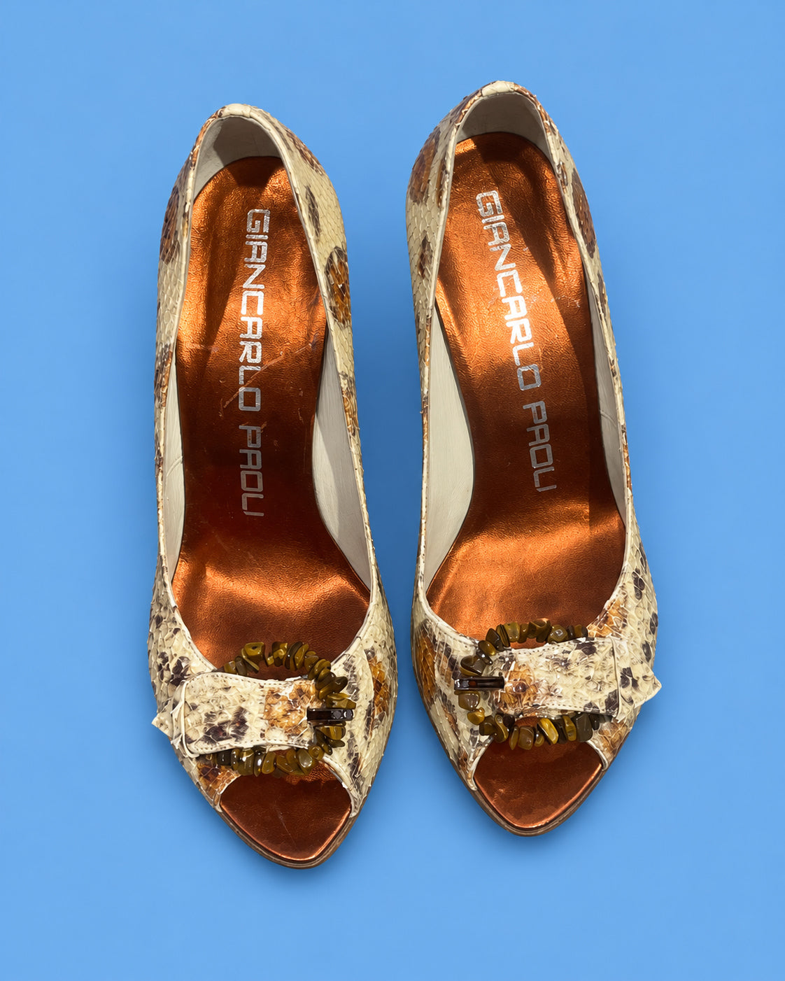 GIANCARLO PAOLI Snakeskin Peep-Toe Stiletto Pumps