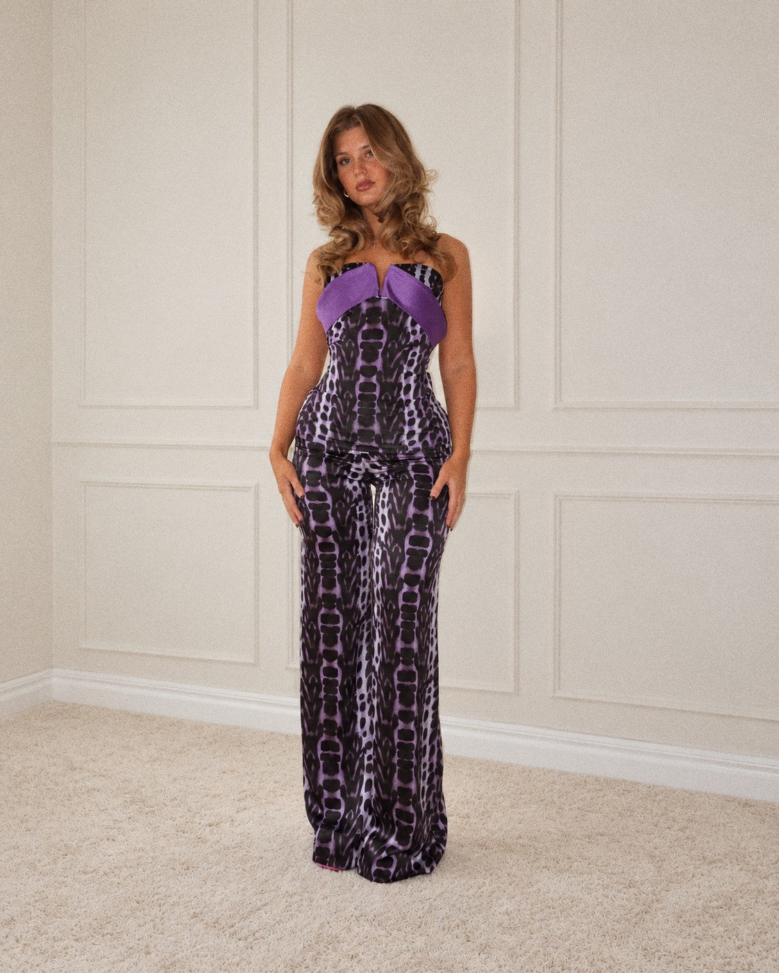 JUST CAVALLI Purple Animal Print Strapless Top & Wide-Leg Trousers Set
