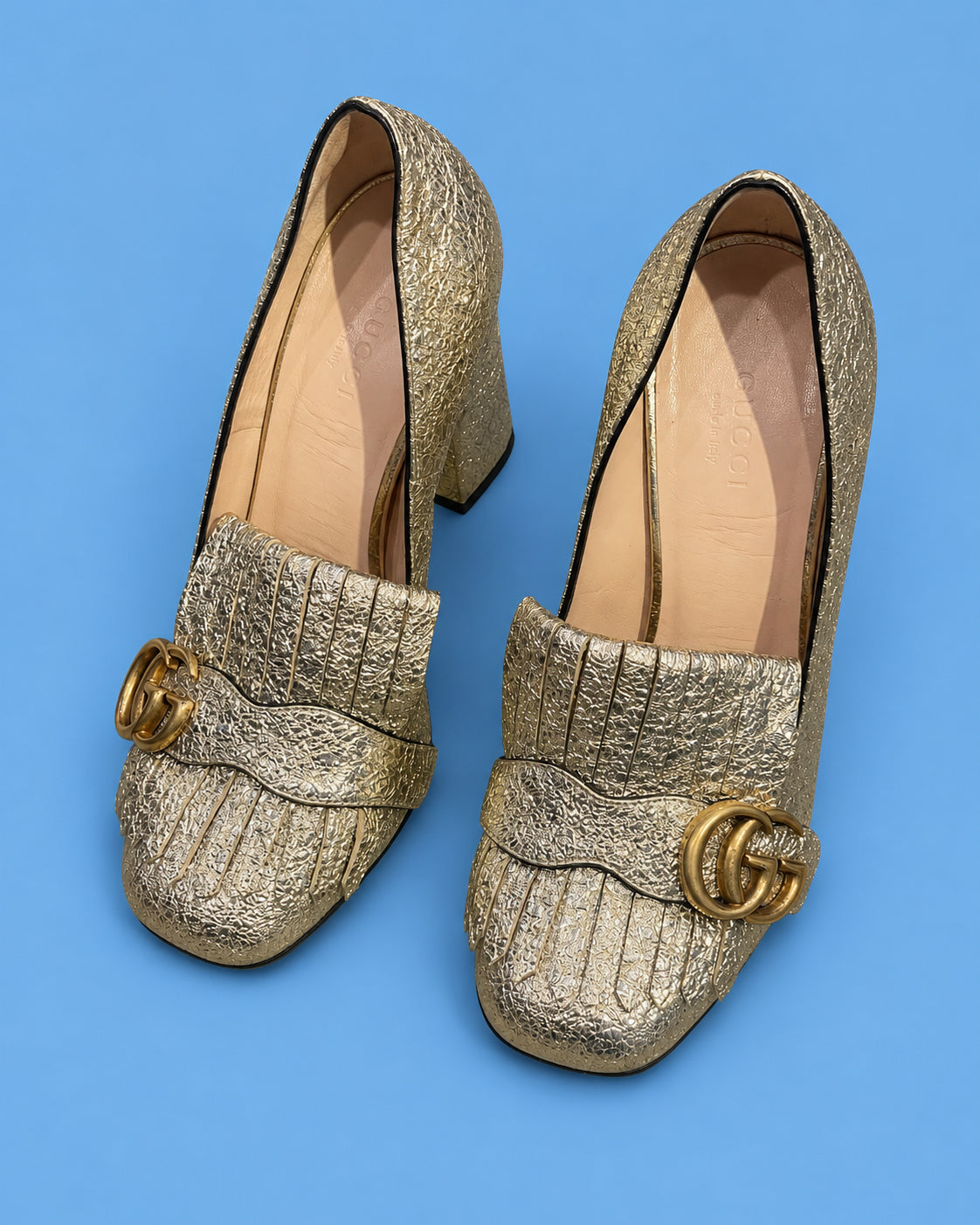 GUCCI Metallic Gold Horsebit Fringe Loafer Pumps
