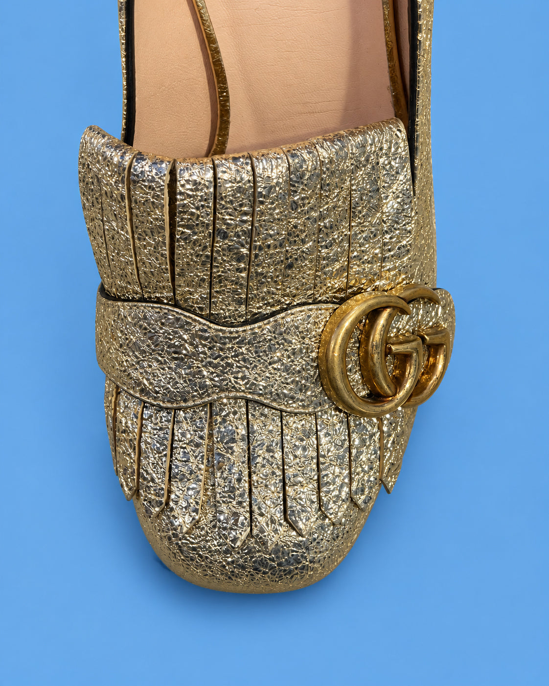 GUCCI Metallic Gold Horsebit Fringe Loafer Pumps
