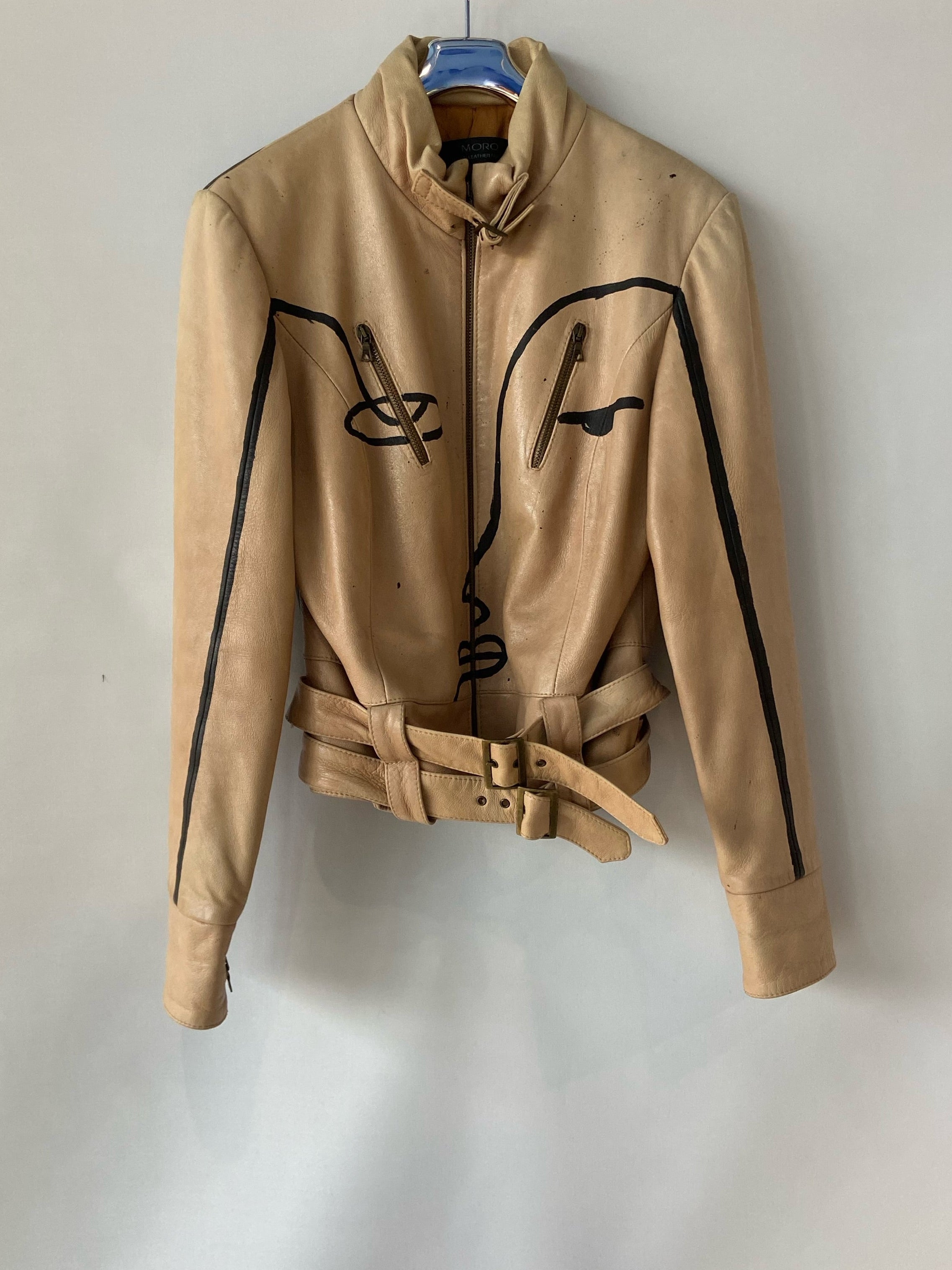 MORO Italian Leather Fashion Beige Hand-Painted Face Jacket – Italian Size 44