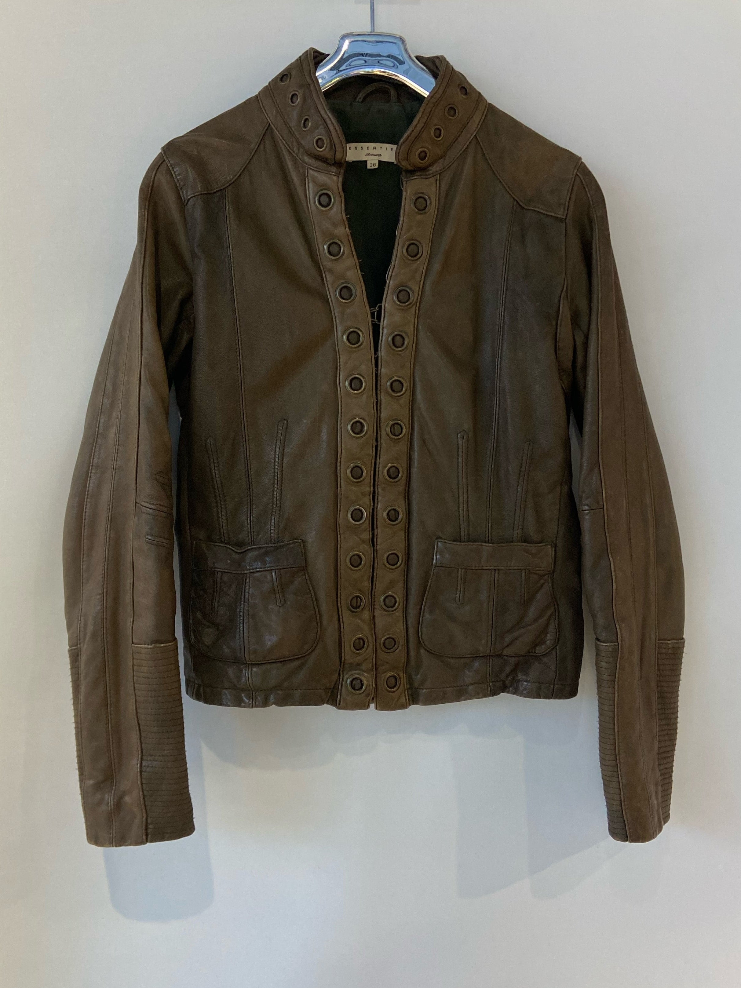 Essentiel Antwerp Dark Olive-Brown Real Leather Jacket with Circular Stud Detailing – Size 38