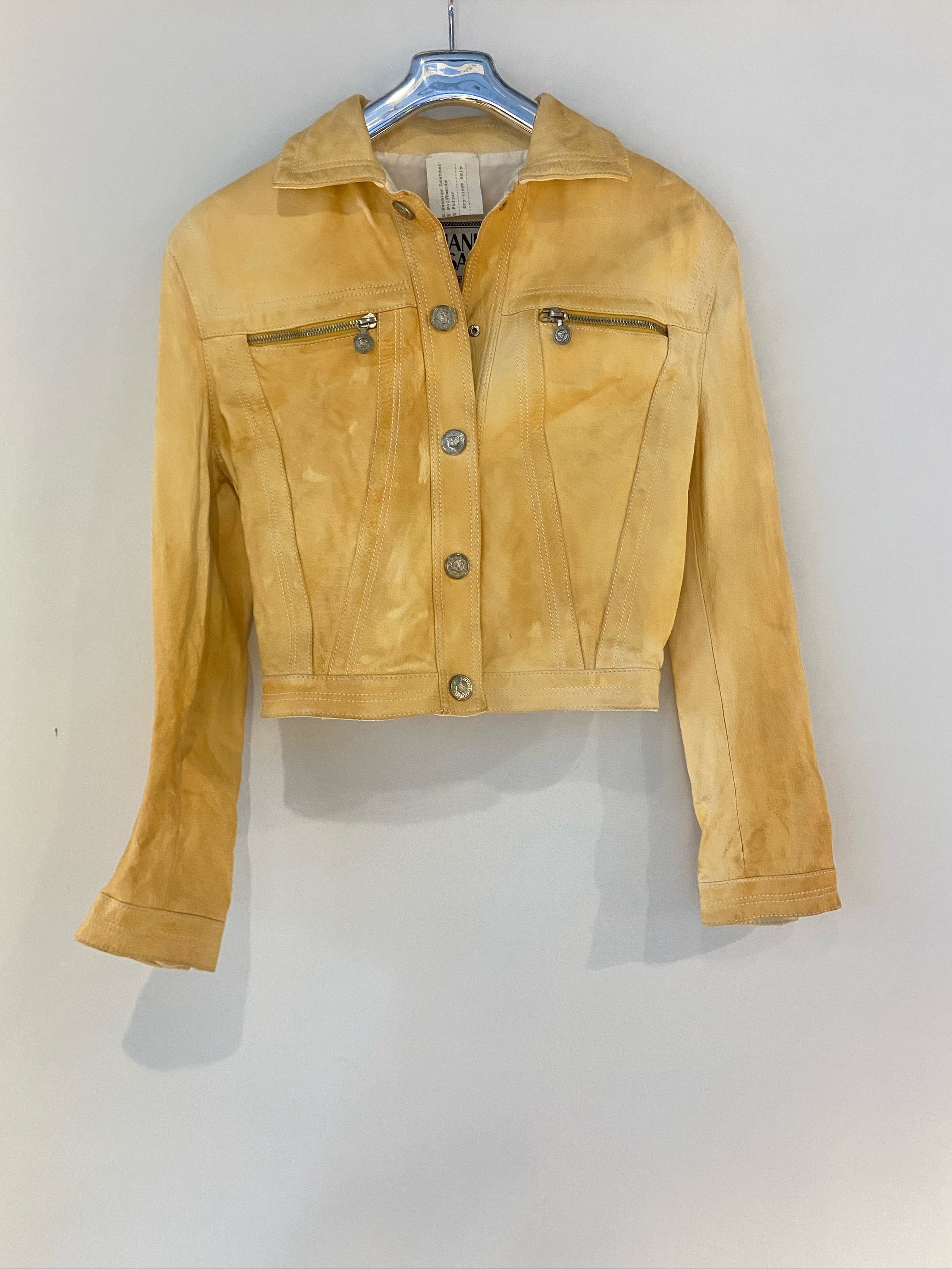 Gianni Versace Vintage Cropped Yellow Leather Jacket with Medusa Buttons – Early 90s