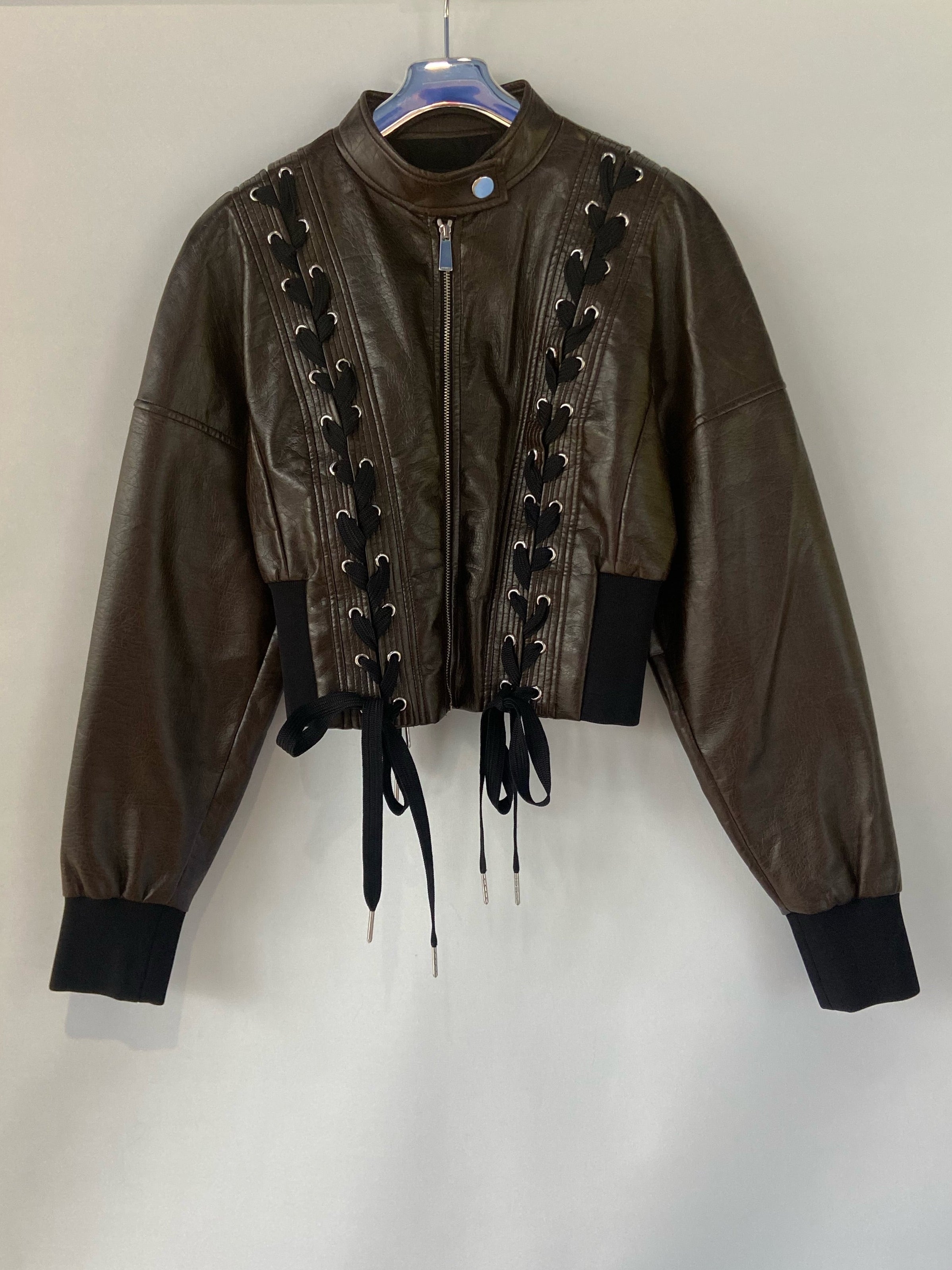 Pinko Cropped Italian Leather Jacket with Ribbed Front Detail – Dark Brown