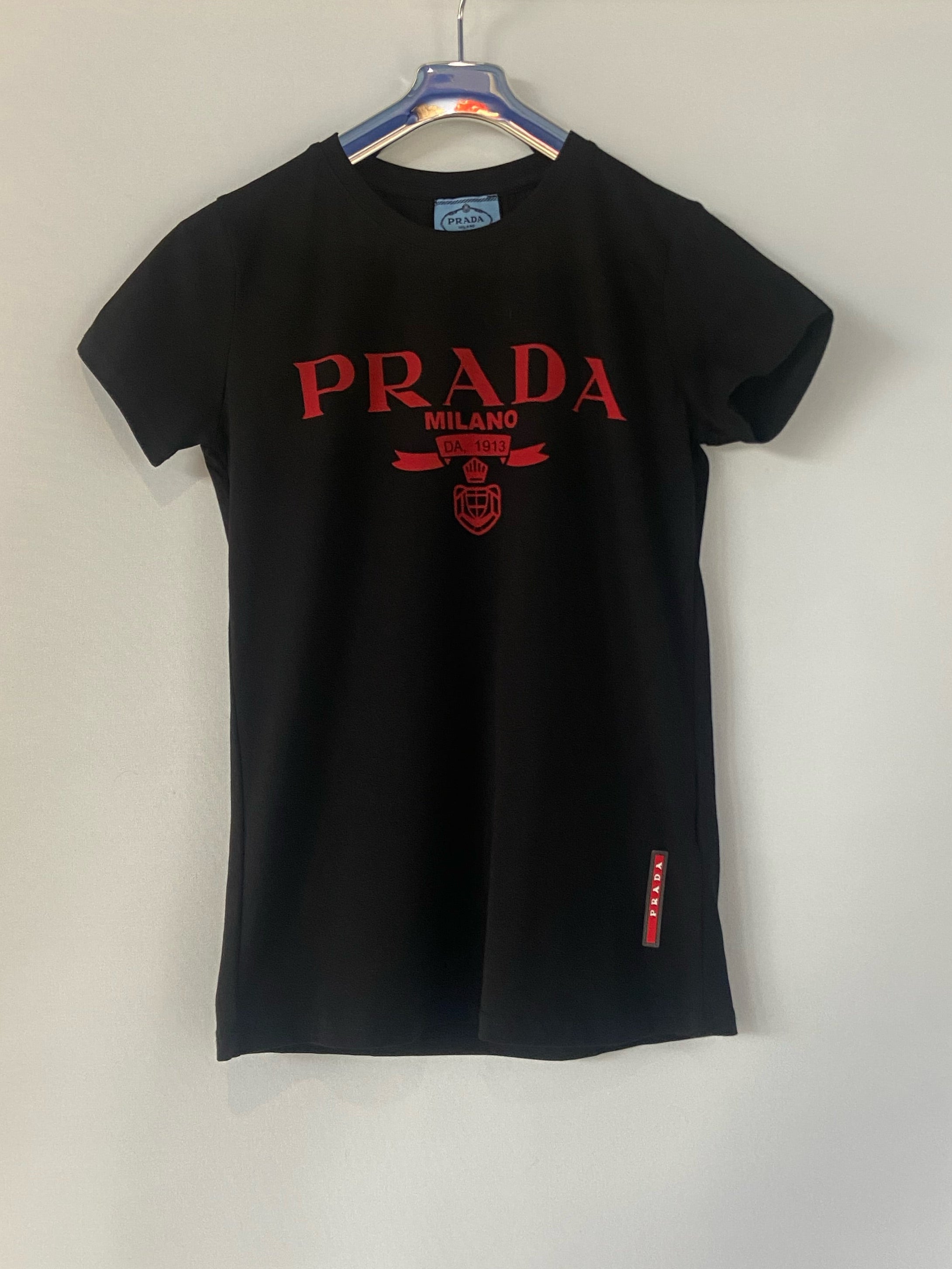 Prada Milano Black Logo T-Shirt with Red Lettering