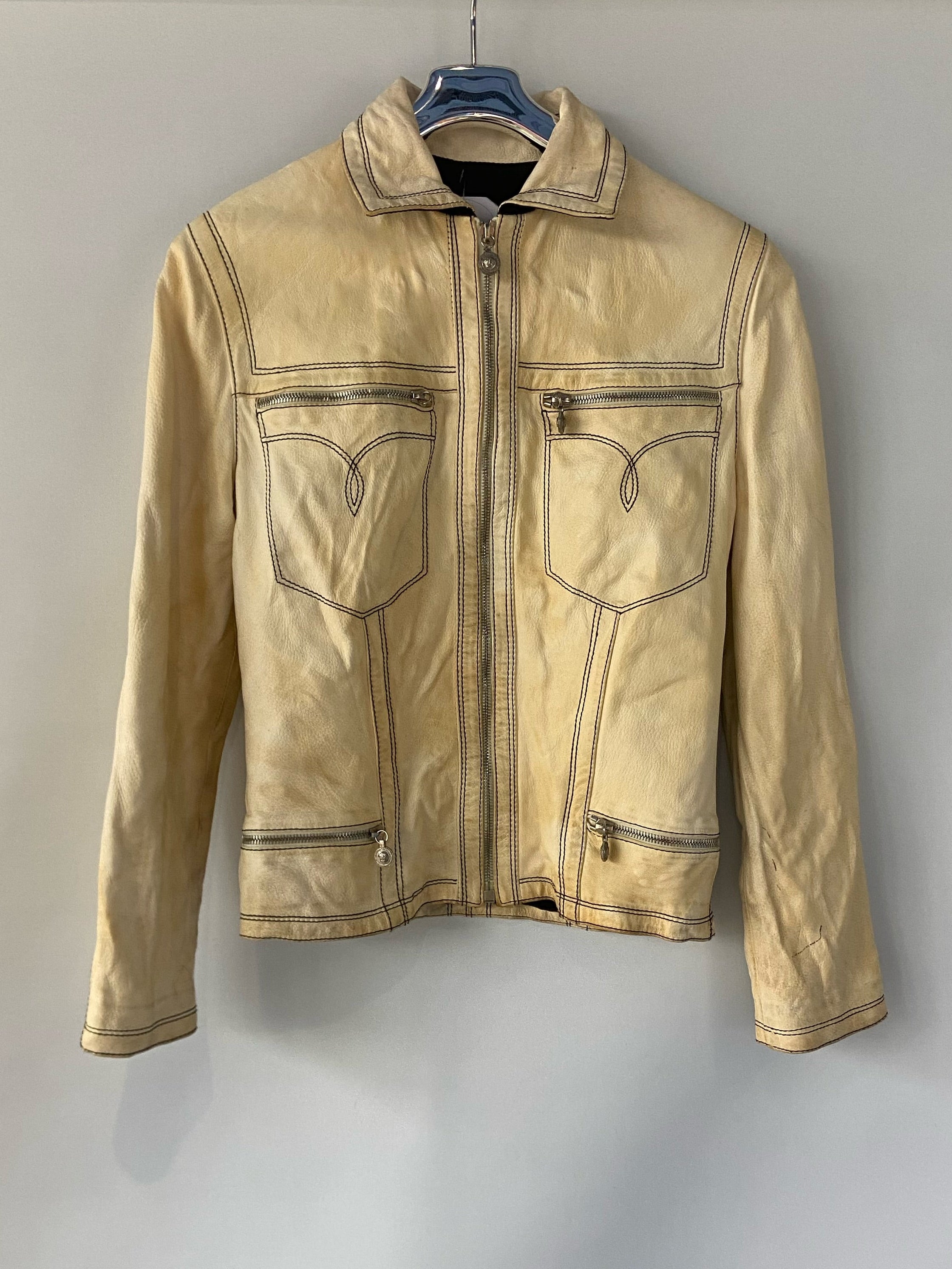 Gianni Versace Vintage Light Yellow Leather Jacket with Black Stitching – Rare Edition