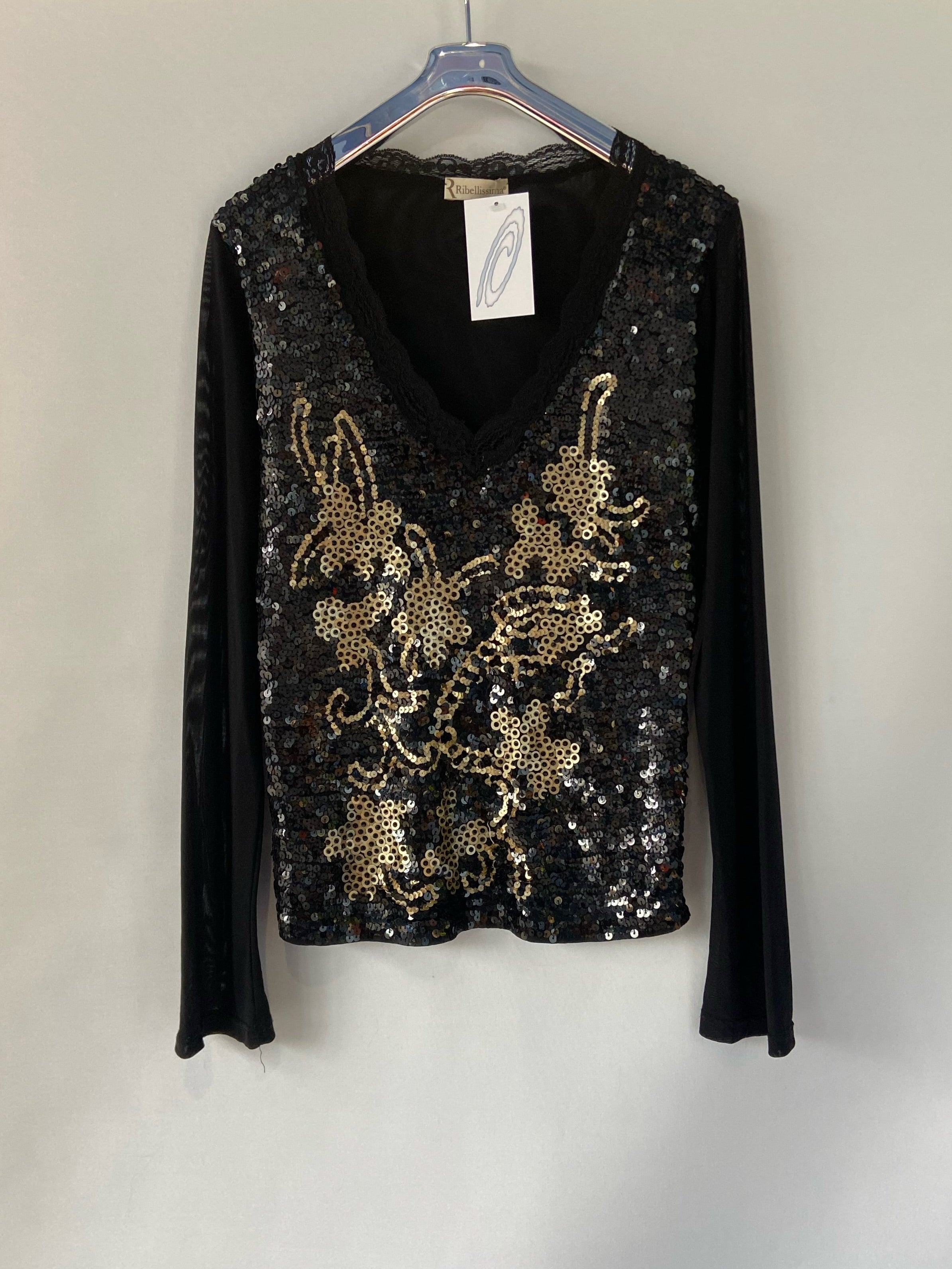 Ribellissima Vintage Black Mesh Top with Gold Sequin Embroidery – Italian L