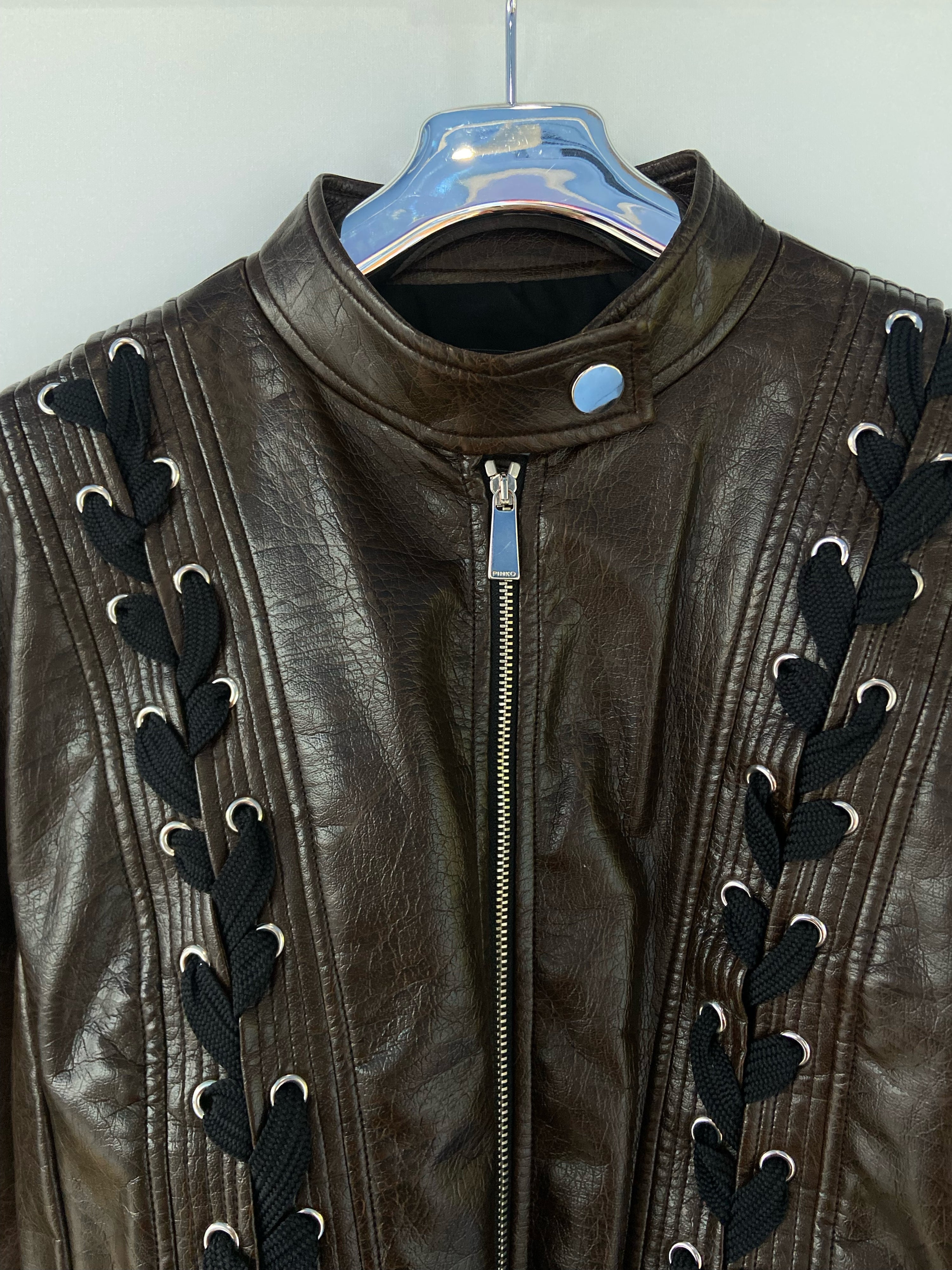 Pinko Cropped Italian Leather Jacket with Ribbed Front Detail – Dark Brown