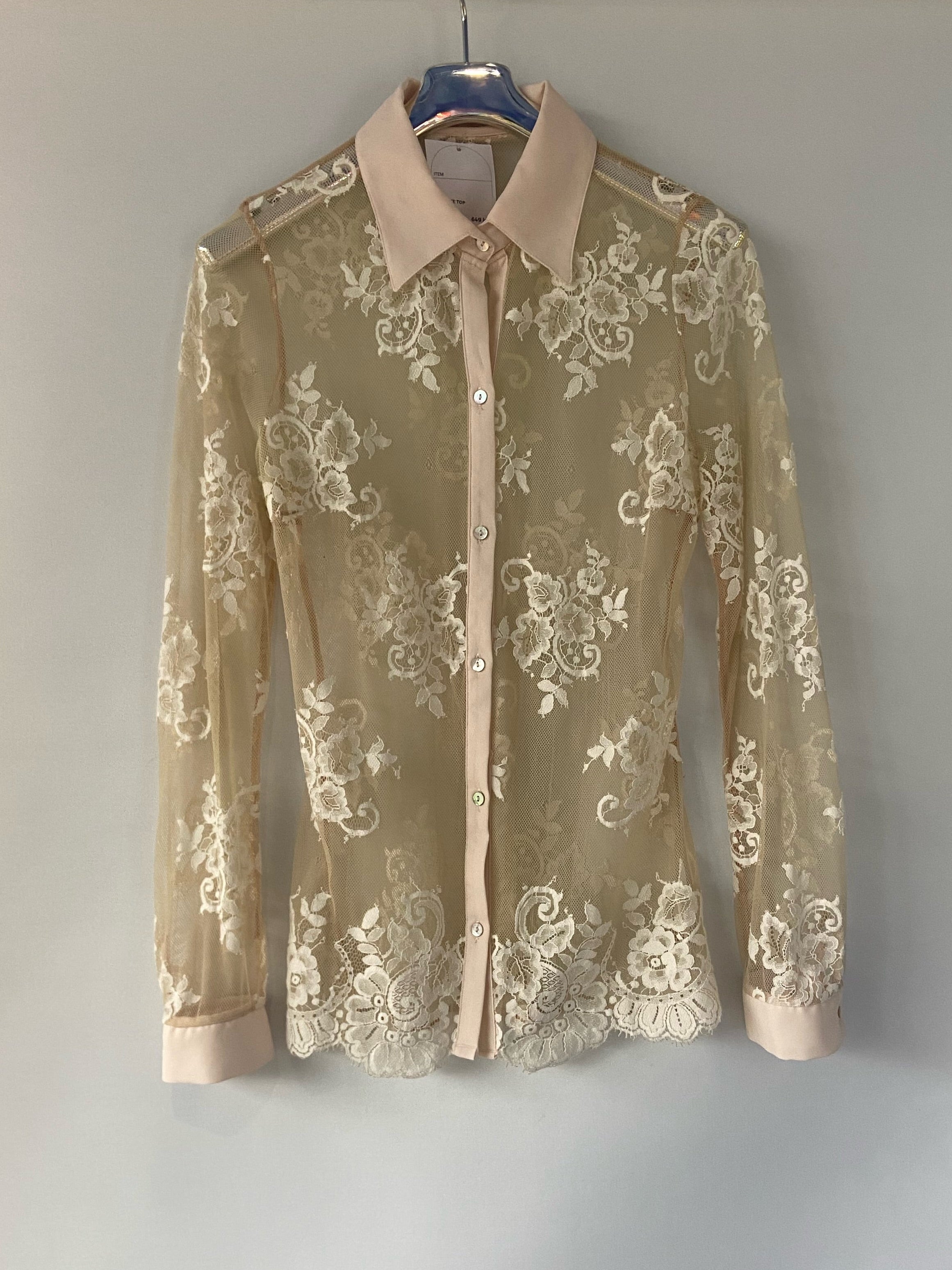 Delicate Sheer Lace Button-Up Blouse – Nude Flourish Edition