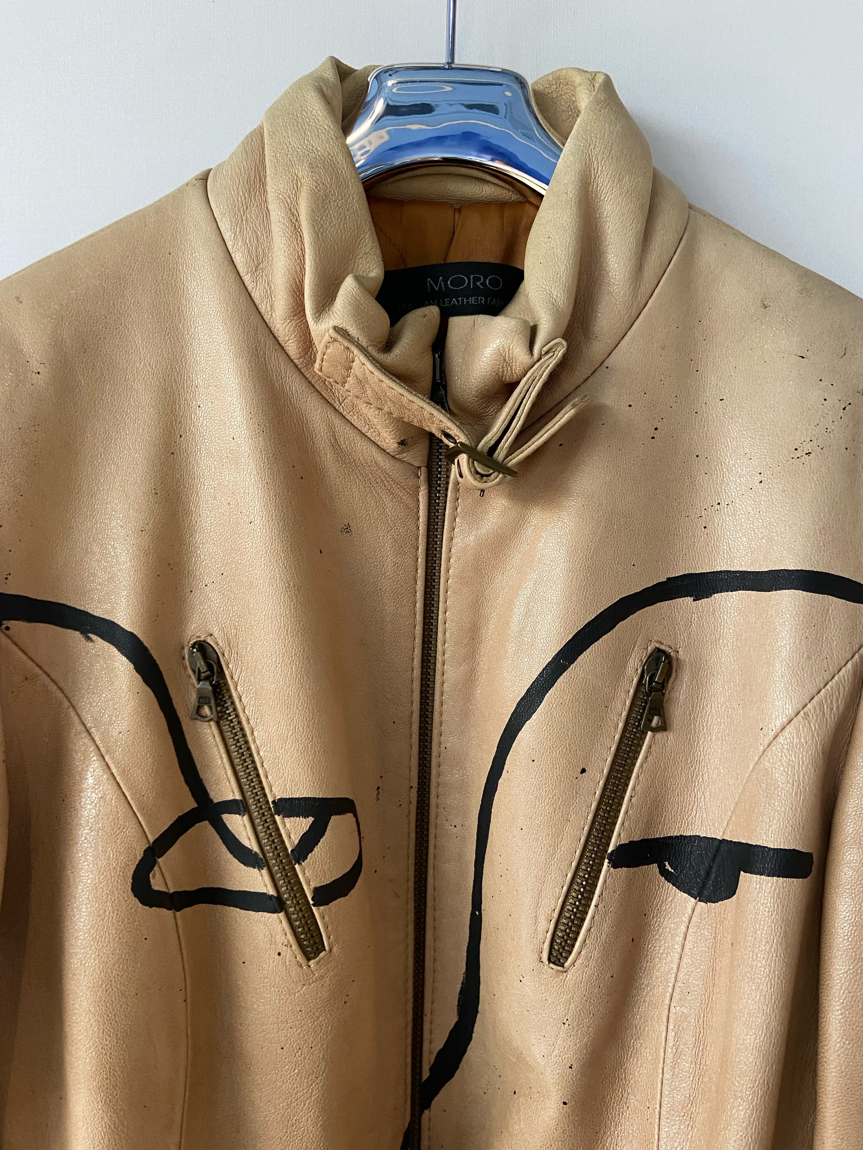 MORO Italian Leather Fashion Beige Hand-Painted Face Jacket – Italian Size 44