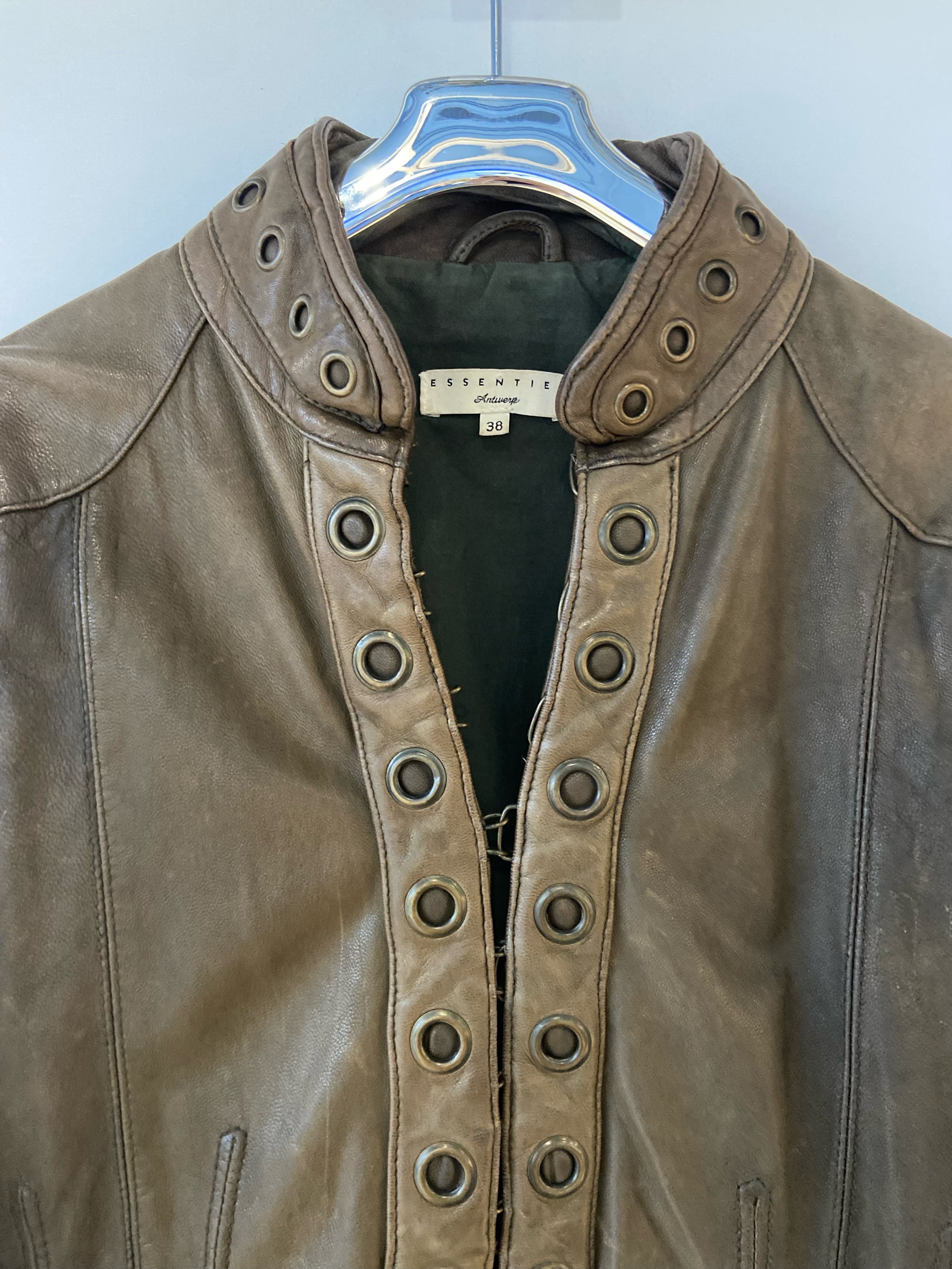 Essentiel Antwerp Dark Olive-Brown Real Leather Jacket with Circular Stud Detailing – Size 38