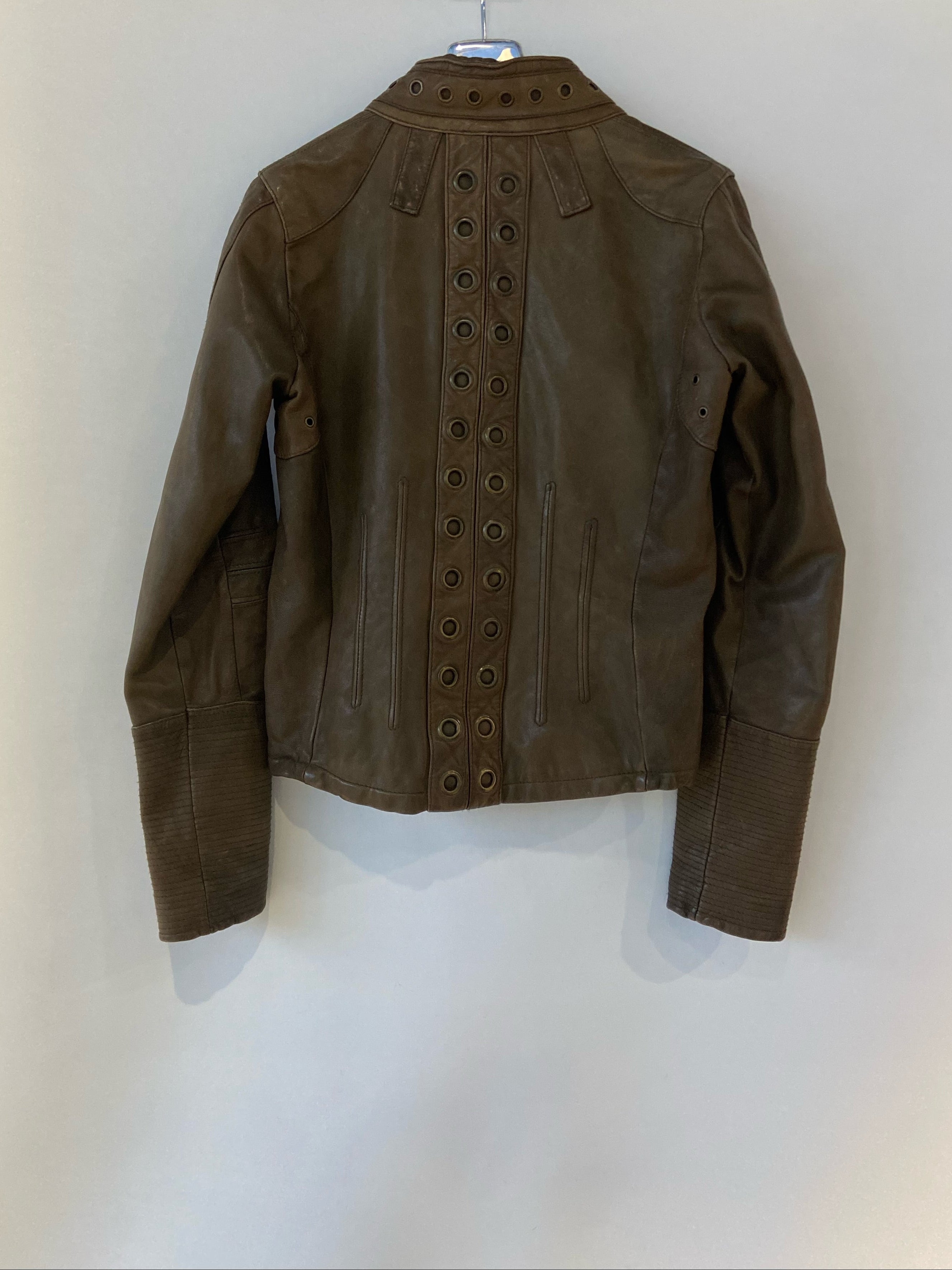 Essentiel Antwerp Dark Olive-Brown Real Leather Jacket with Circular Stud Detailing – Size 38
