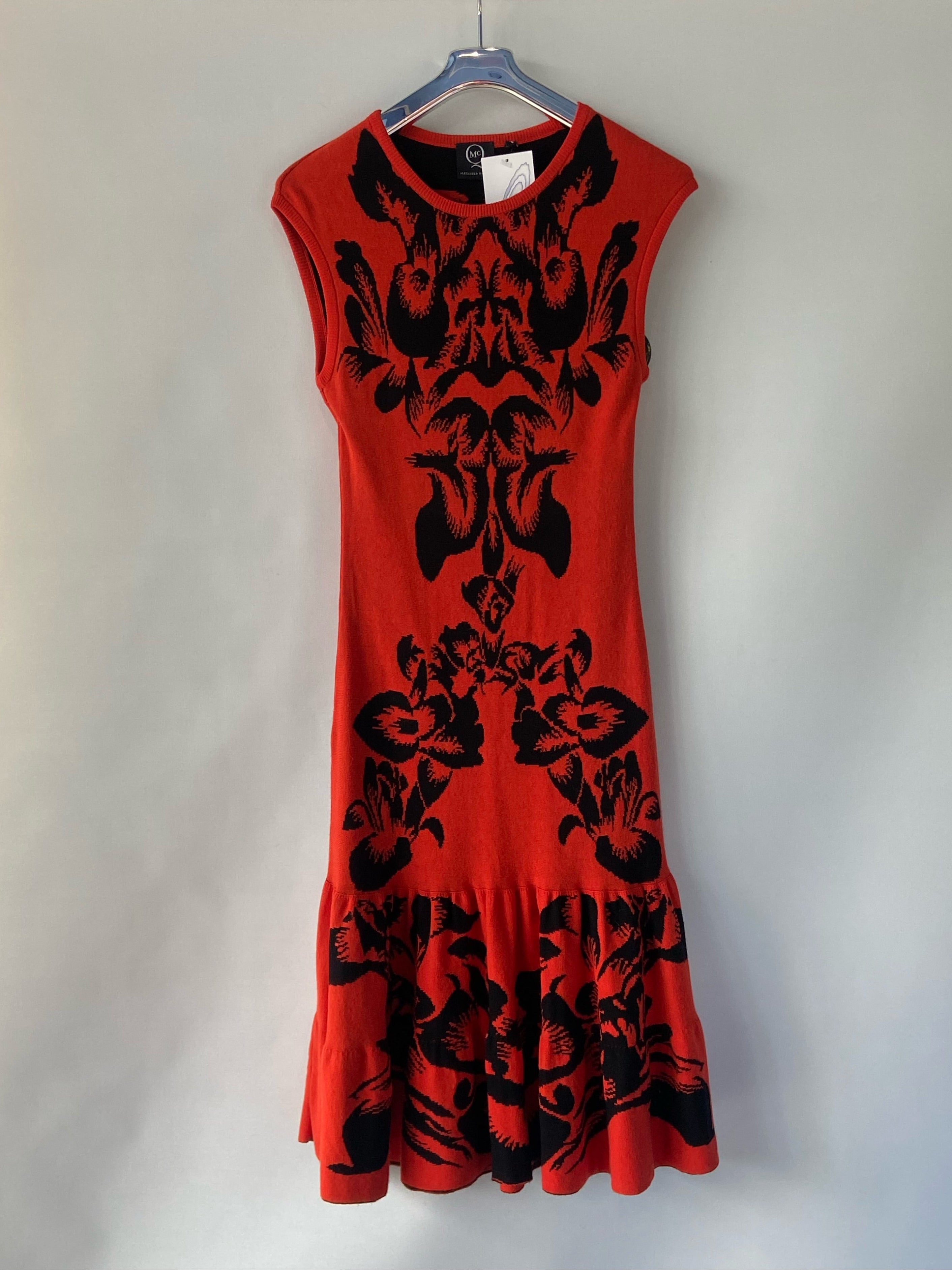 Alexander McQueen Red-Orange Floral Knit Dress – Sleeveless Fit-and-Flare