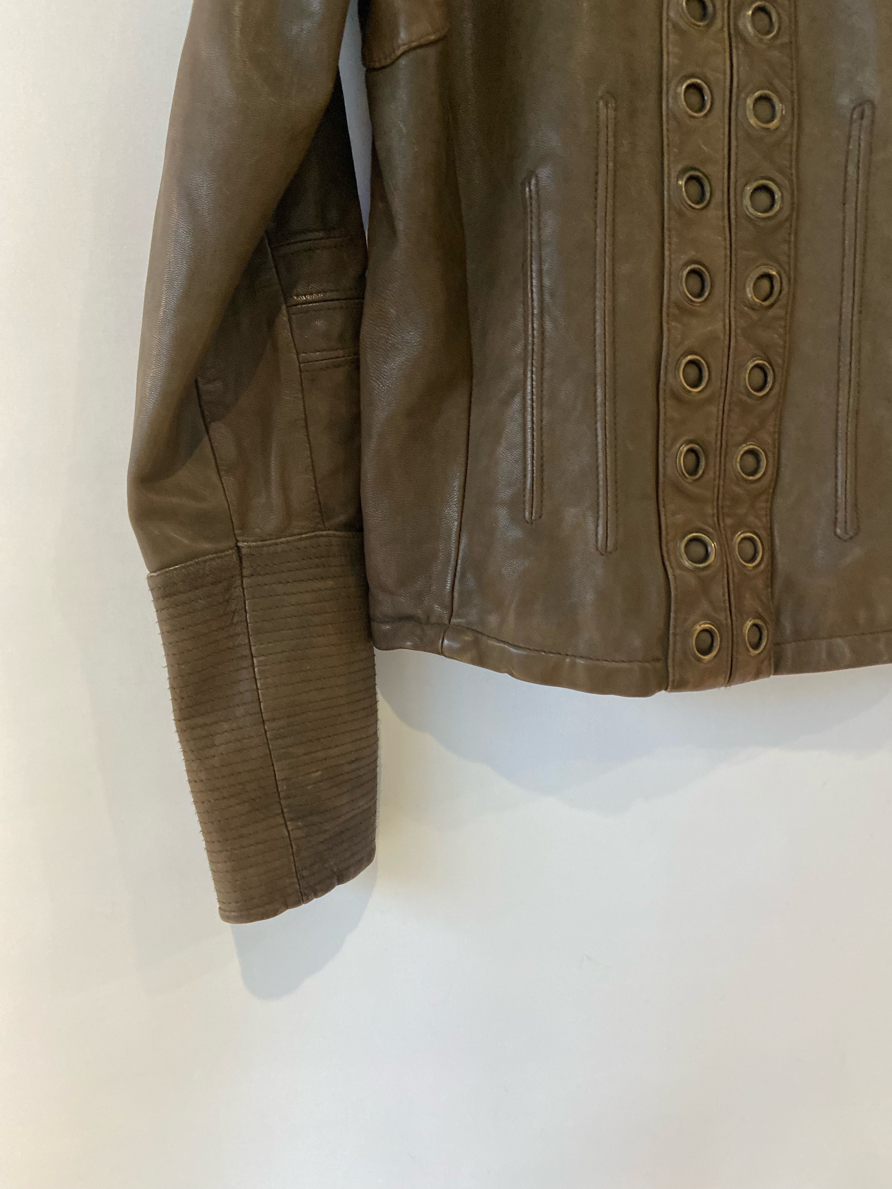 Essentiel Antwerp Dark Olive-Brown Real Leather Jacket with Circular Stud Detailing – Size 38
