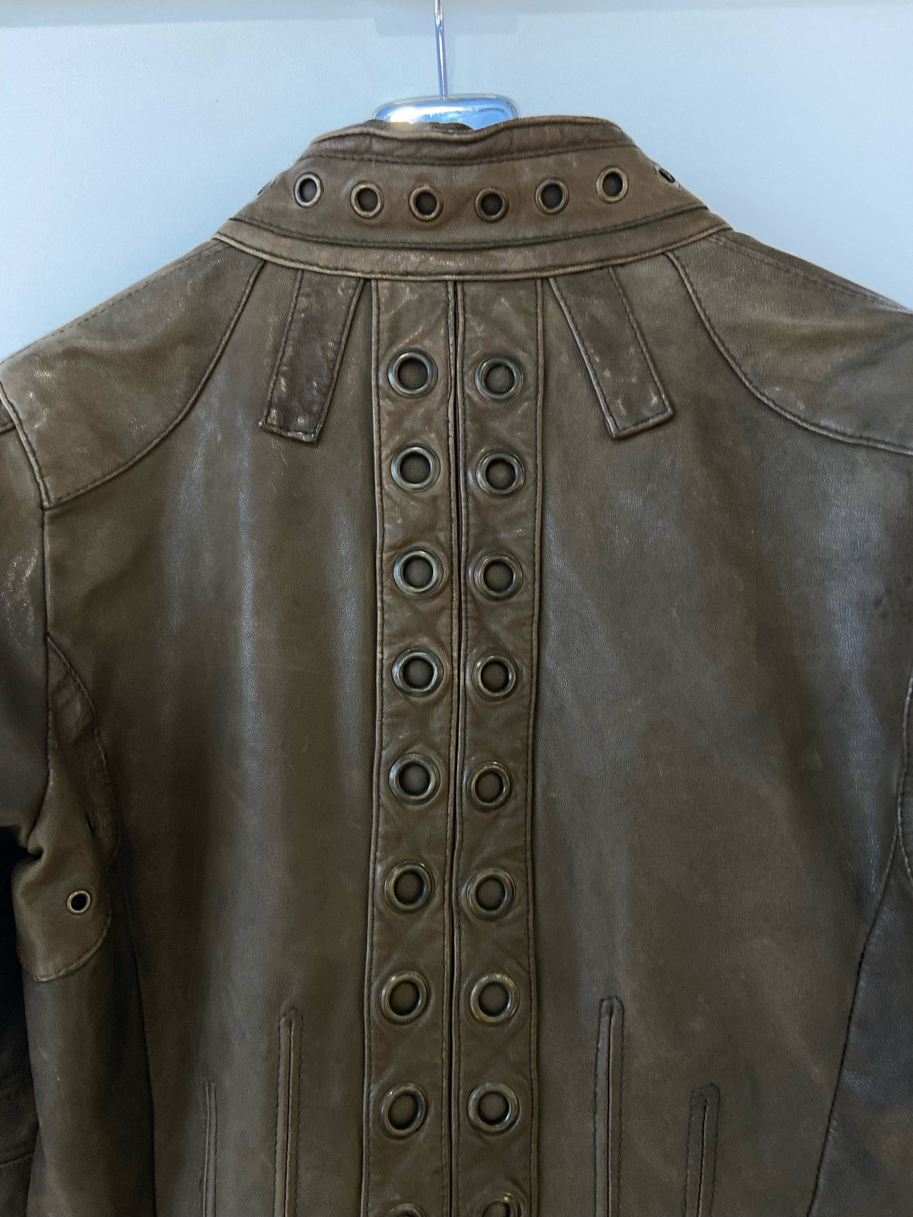 Essentiel Antwerp Dark Olive-Brown Real Leather Jacket with Circular Stud Detailing – Size 38