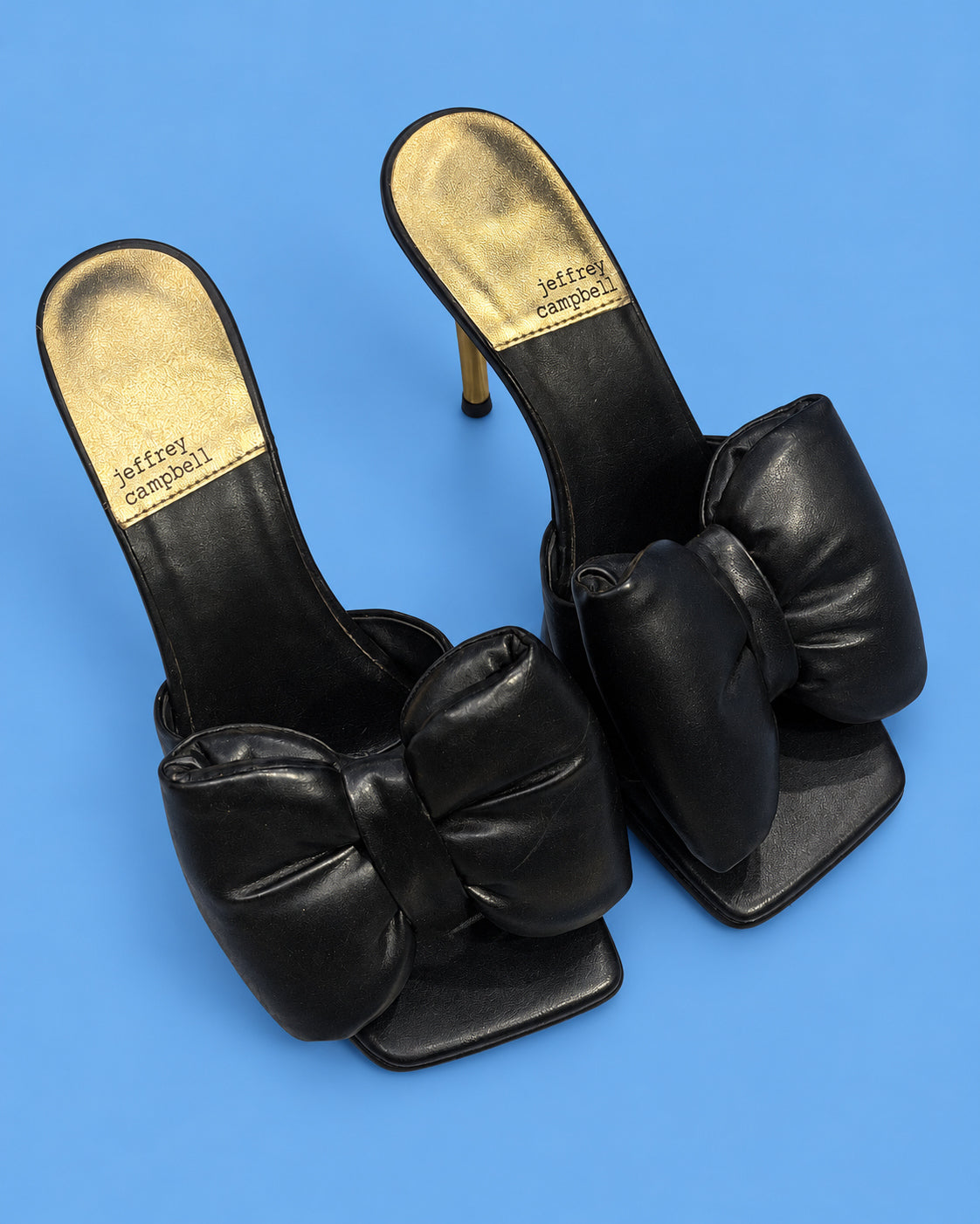 JEFFREY CAMPBELL Black Oversized Bow Gold Stiletto Mules