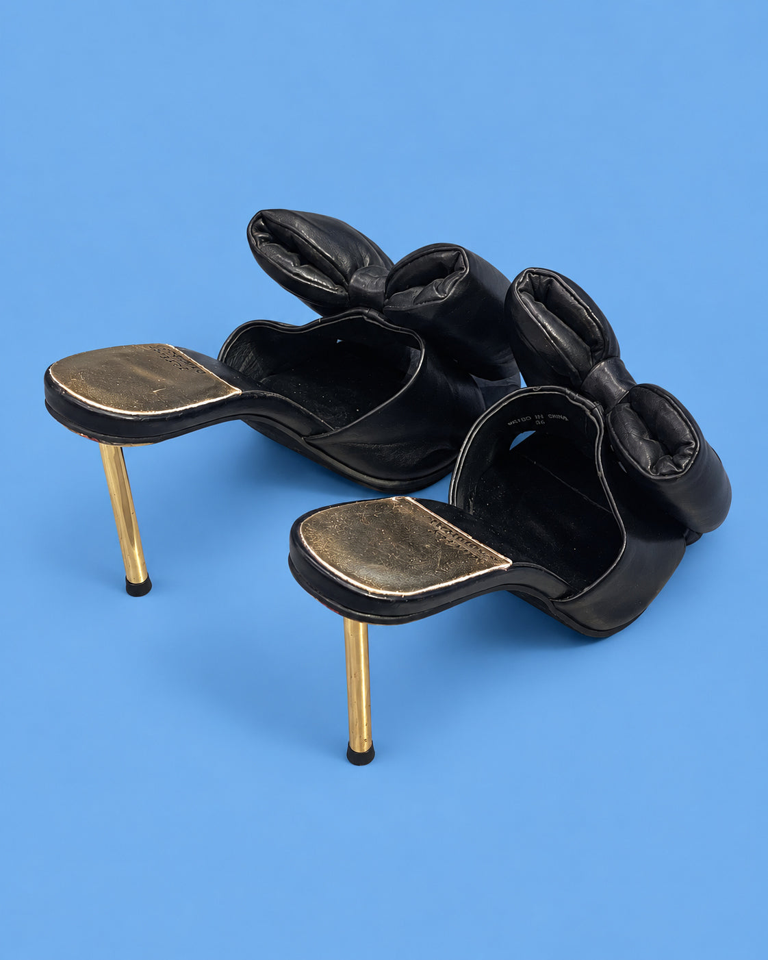JEFFREY CAMPBELL Black Oversized Bow Gold Stiletto Mules