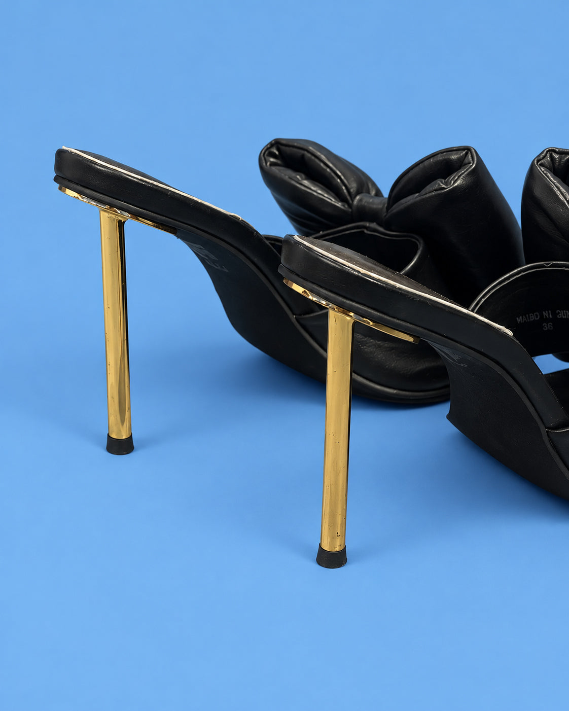 JEFFREY CAMPBELL Black Oversized Bow Gold Stiletto Mules