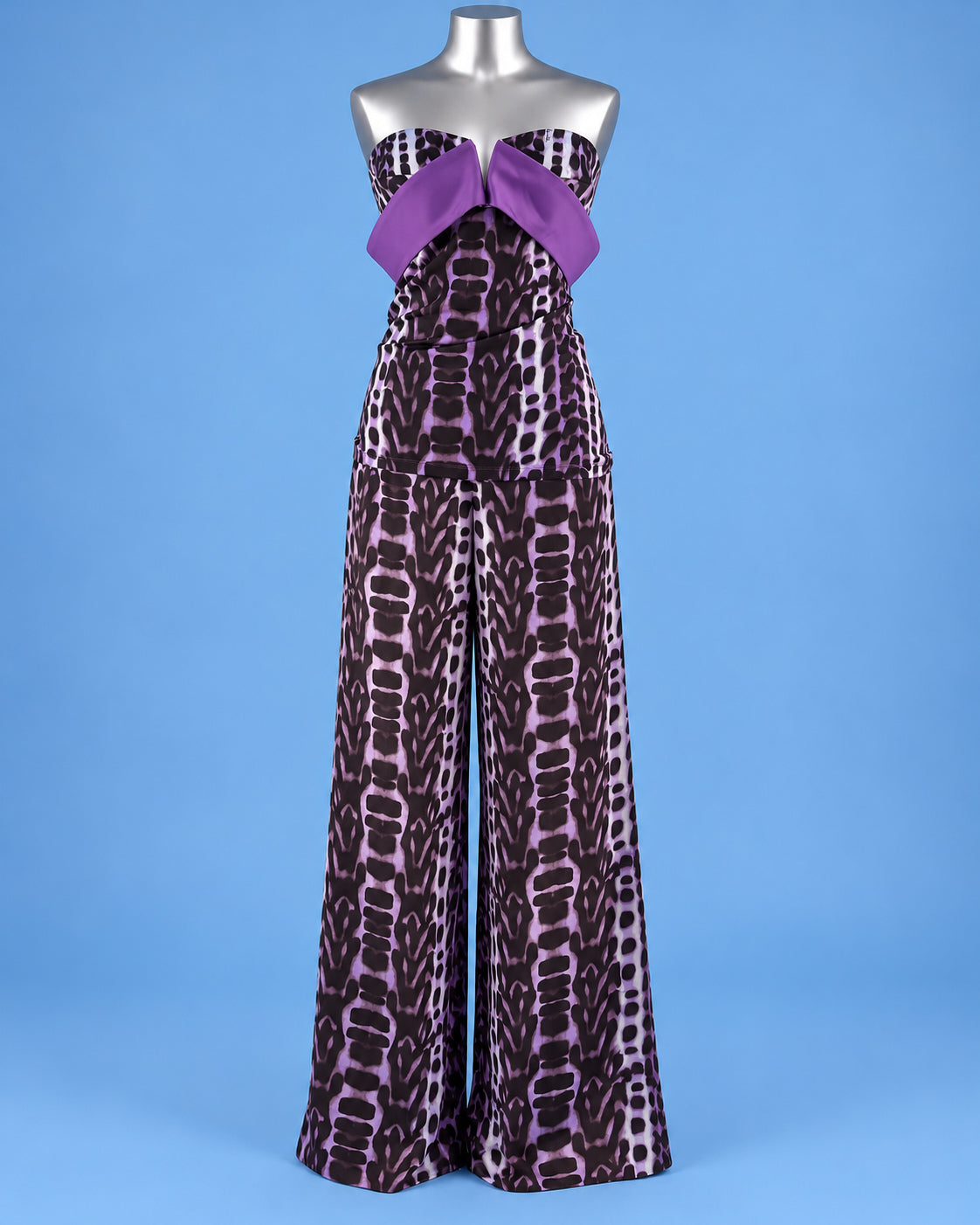 JUST CAVALLI Purple Animal Print Strapless Top & Wide-Leg Trousers Set