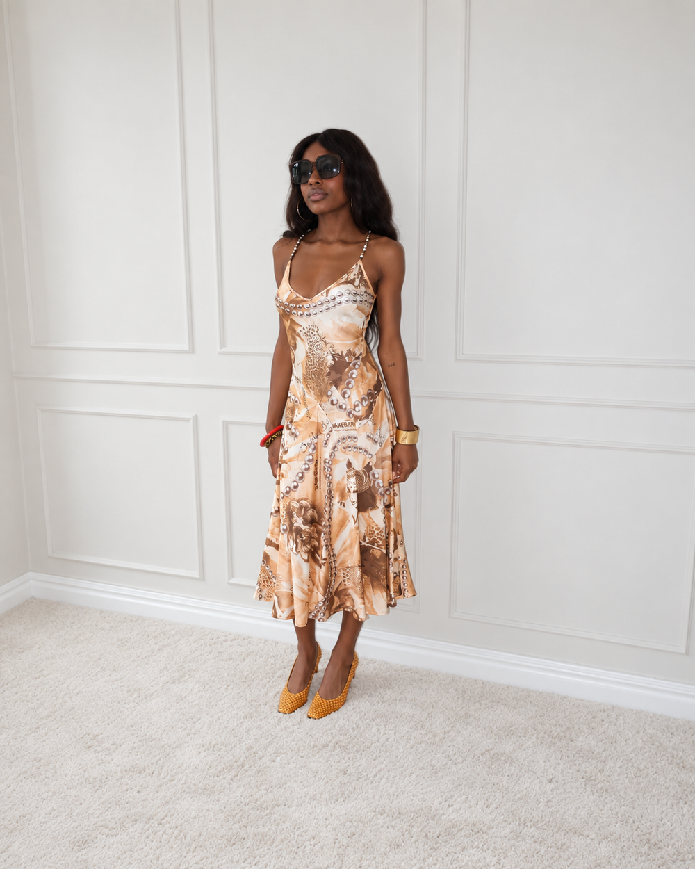 ANGELO MARANI Golden Satin Pearl Print Maxi Dress