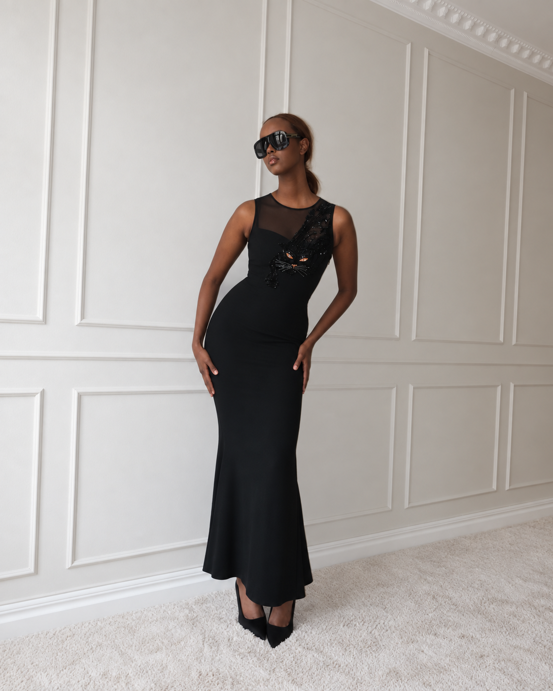 GAI MATTIOLO Black Beaded Panther Gown
