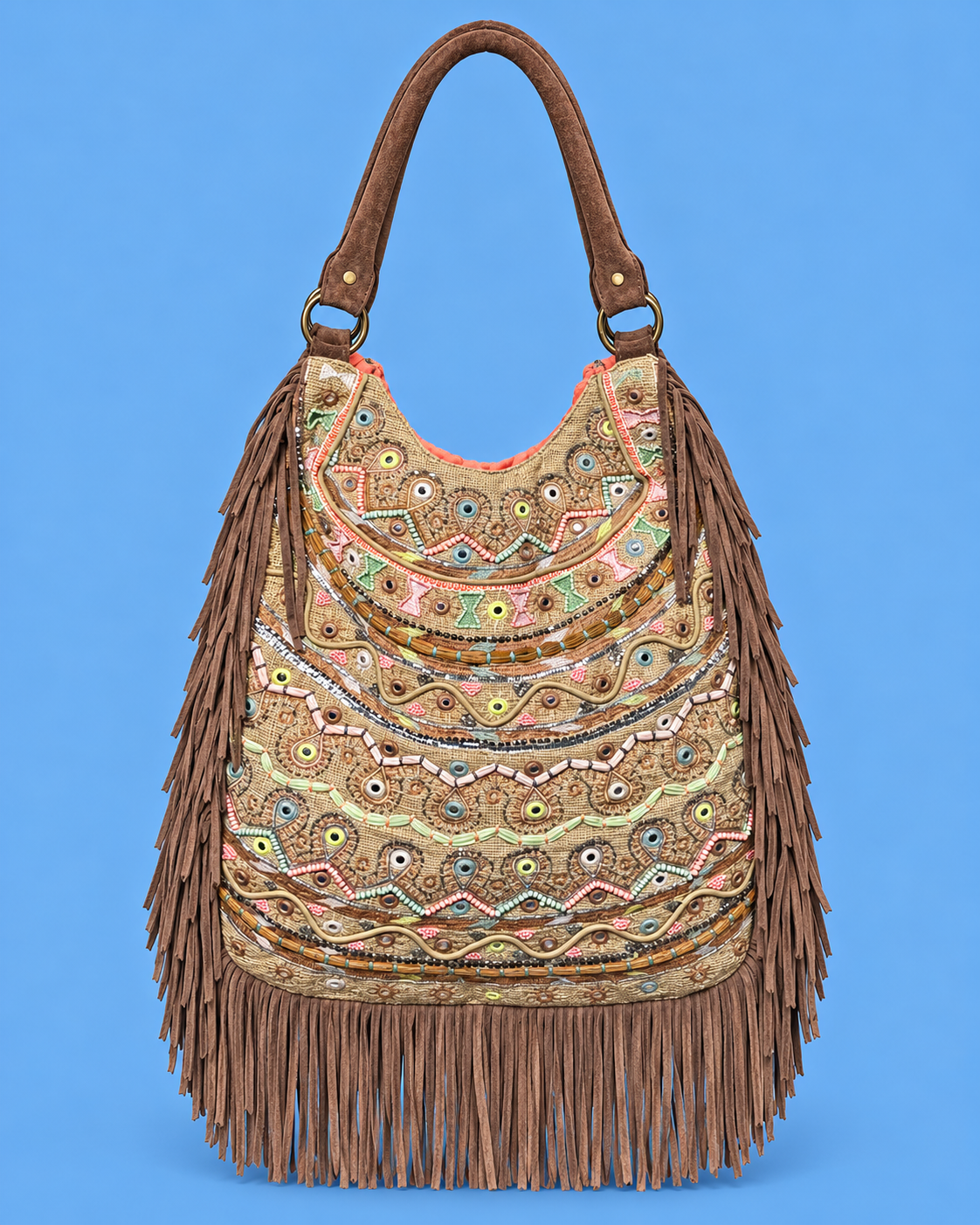 Multicoloured Embellished Fringe Shoulder Bag