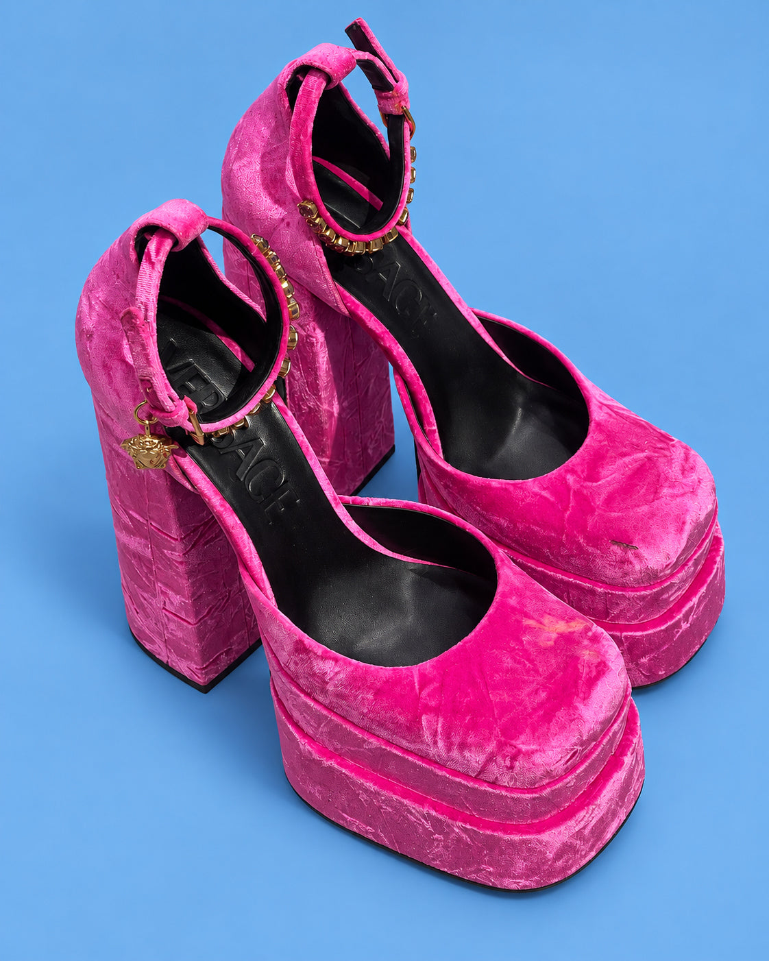 VERSACE Hot Pink Crushed Velvet Medusa Platform Heels