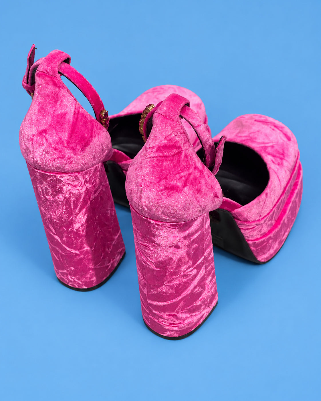 VERSACE Hot Pink Crushed Velvet Medusa Platform Heels