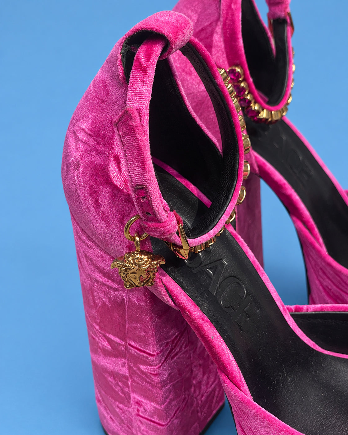 VERSACE Hot Pink Crushed Velvet Medusa Platform Heels
