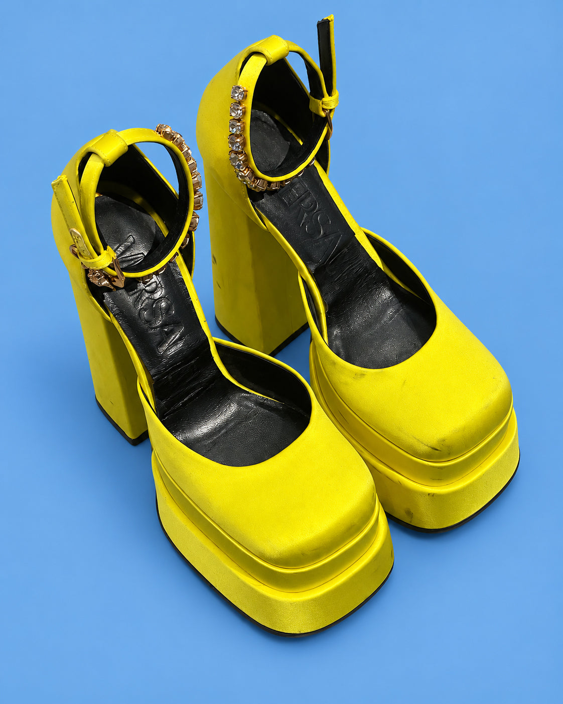 VERSACE Electric Yellow Satin Medusa Platform Heels